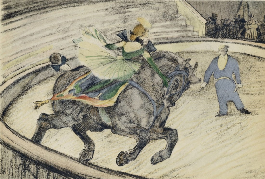 Henri de Toulouse-Lautrec, Travail sur le panneau, The Circus by Toulouse-Lautrec, Limited Edition: Lithograph on velin paper. Unsigned and unnumbered. Paper Size: 12.125 x 9.25 inches. Excellent condition. Notes: From the album, The Circus by Toulouse-Lautrec, 1952. Published the Paris Book Center,