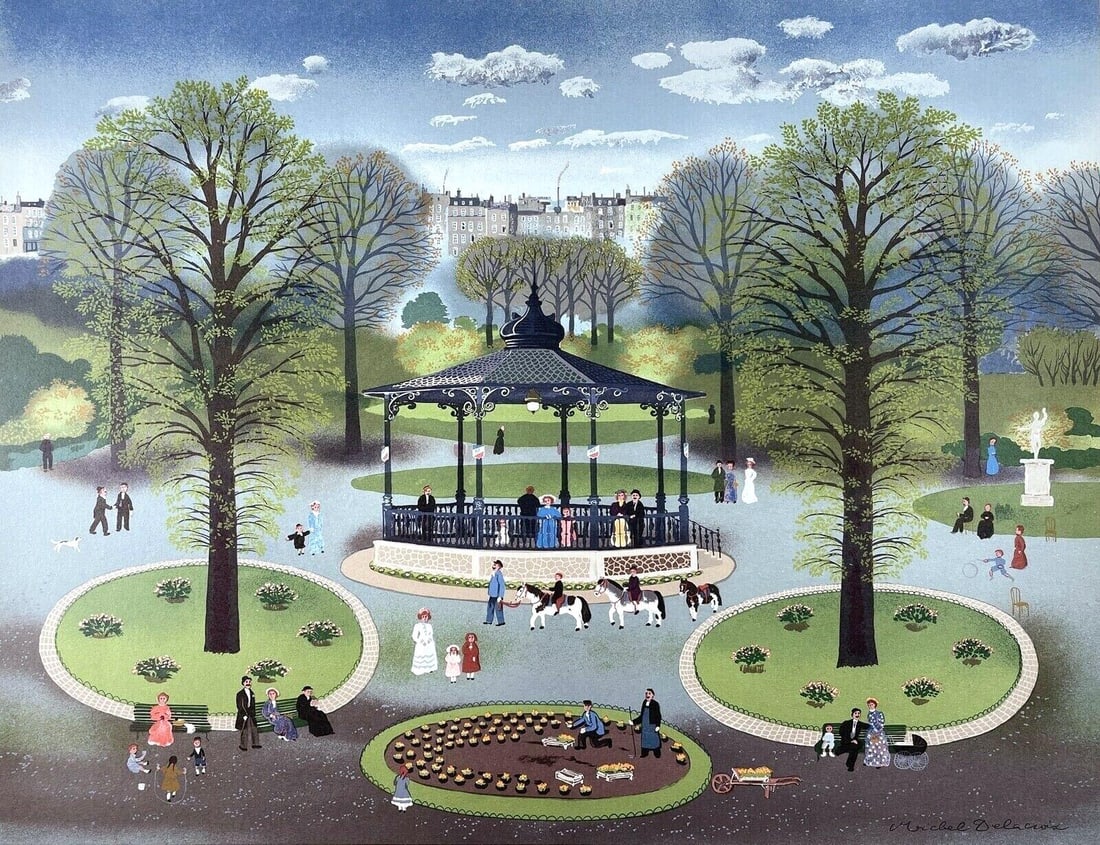 Michel Delacroix, Le Kiosque, Limited Edition Lithograph: Lithograph on velin paper. Paper size: 23.75 x 27.5 inches. Excellent condition. Inscription: Signed in the plate and unnumbered, as issued. Notes: From Published and printed by Touchstone Publishers