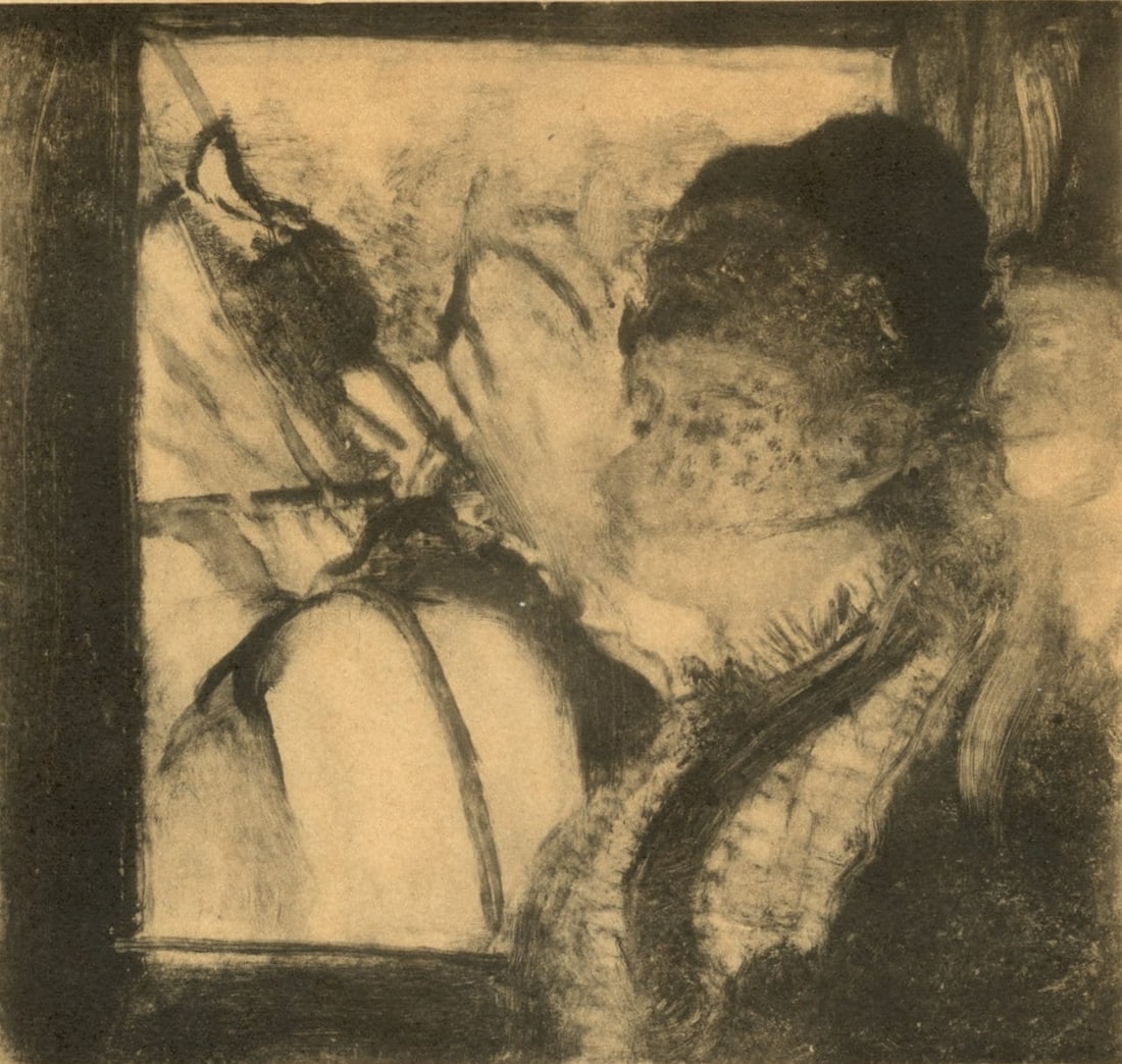 Edgar Degas, Dans l'Omnibus, E. Degas Monotypes, Limited Edition Monotype: Engraving on velin du Marais paper. Unsigned and unnumbered, as issued. Paper Size: 12.25 x 9.125 inches. Excellent condition. Notes: From the volume, E. Degas Monotypes, 1948. Published by Quatre Che