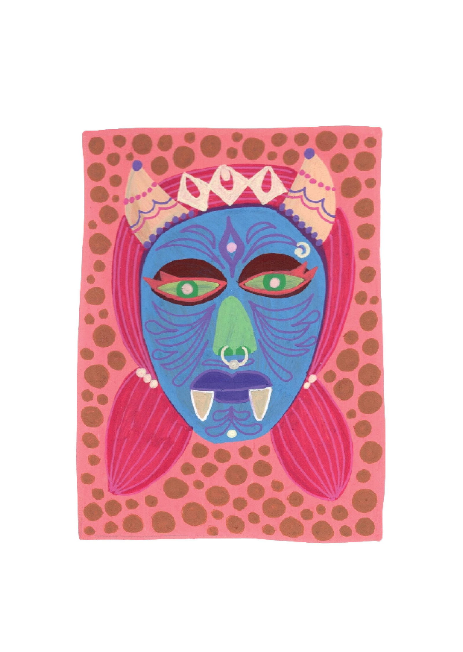 Evil Eye Mask 11: Inspired by the South Indian Drishti Bommai mask; a protective talisman traditionally represented as a doll; this artwork draws from a visual language widely seen across South India. These figures are