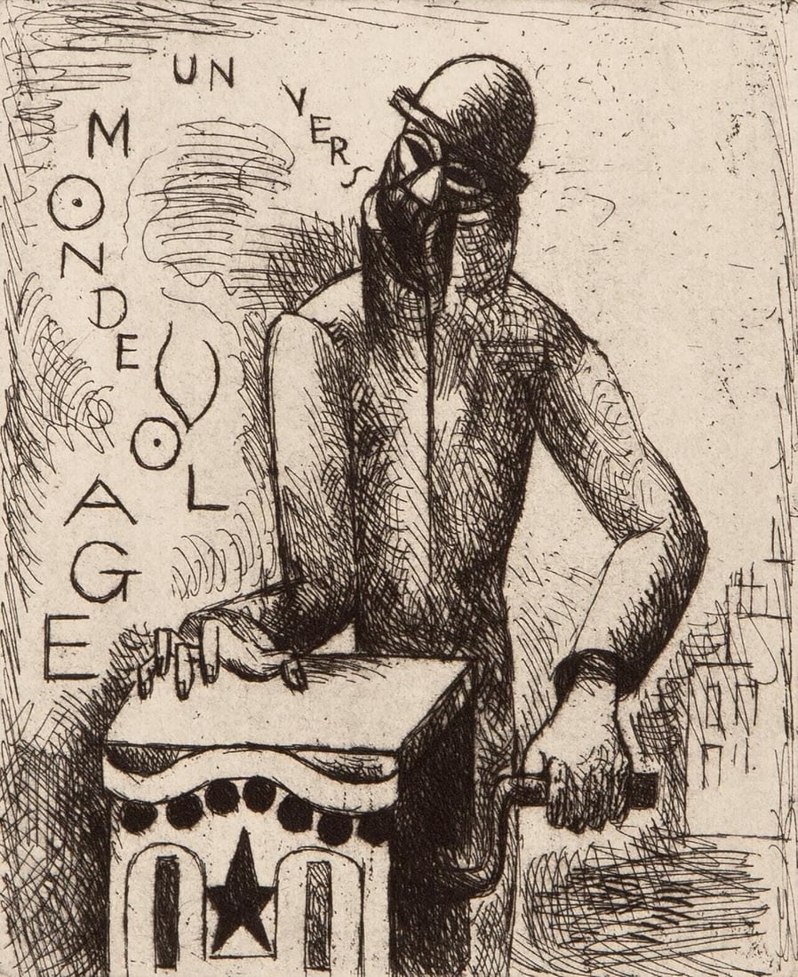 Marcel Gromaire, Composition, Vers un monde volage, Limited Edition Etching: Etching on velin d'Arches paper. Paper size: 11 x 8.75 inches. Excellent condition. Inscription: Unsigned and unnumbered, as issued. Notes: From the album, Vers un monde volage. Illustre de dix eaux-f
