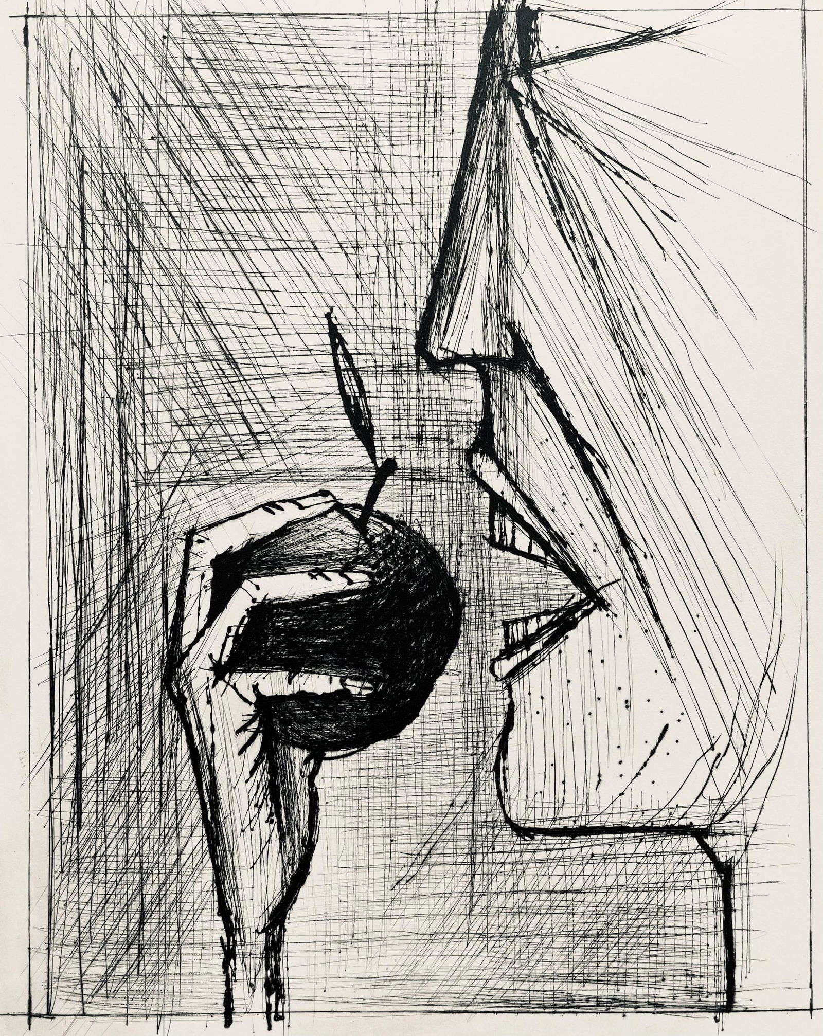 Bernard Buffet, Composition (Reinz 208-222), Voyages Fantastiques, Limited Edition Etching: Drypoint etching on papier de Rives B.F.K. pur fil paper. Paper size: 16.125 x 12.875 inches. Excellent condition. Unsigned and unnumbered, as issued. Notes: From the folio, Voyages fantastiques aux E