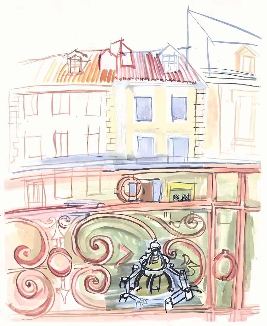 Raoul Dufy, La fenetre de Dufy a Aspet, Vacances forcees: Lithograph on papier bouffant des Papeteries de Casteljoux paper. Paper Size: 12 x 9.25 inches. Excellent condition. Unsigned and unnumbered, as issued. Notes: From the folio, Vacances forcees 1970. P