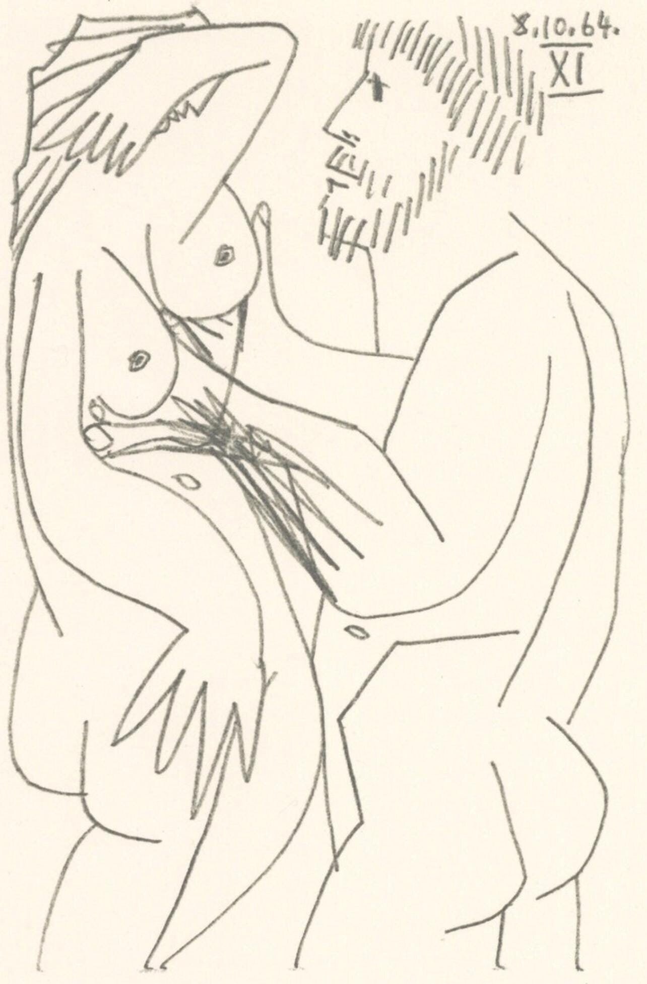 Pablo Picasso, 8.10.64. XI (Cramer 148), Le Gout du Bonheur, Limited Edition Mixed Media Lithograph: Lithograph and silkscreen with grease crayon, lithographic tusche, lead pencil, charcoal on velin d'Arches paper. Paper size: 12.8 x 9.84 inches. Inscription: Unsigned and unnumbered, as issued.