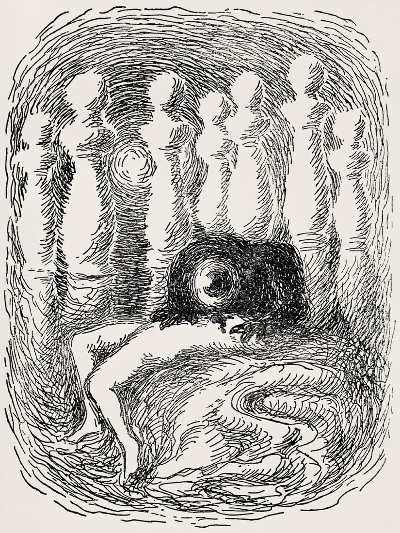 Rene Magritte, Composition, Les chants de Maldoror, Limited Edition Lithograph: Lithograph on velin papier pur chiffon paper. Paper Size: 10 x 7.375 inches. Excellent condition. Inscription: Unsigned and unnumbered, as issued. Notes: From the album, Les chants de Maldoror, illust