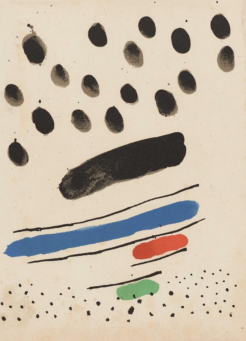 Joan Miro, Composition (Mourlot 872-881; Cramer 164), El tapis de Tarragona, Limited Edition: Lithograph on velin Sarrio paper. Paper size: 11.81 x 8.86 inches. Excellent condition. Unsigned and unnumbered, as issued. Notes: From the folio, Tapis De Tarragona, il.lustracions, Joan Miro, 1972.