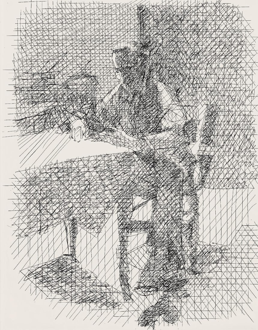 Jacques Villon, Composition (Ginestet/Pouillon 42-64), Hesiode, Les Travaux et les Jours, Limited: Etching on velin de Rives paper. Paper size: 15.75 x 12 inches. Excellent condition. Unsigned and unnumbered, as issued. Notes: From the folio, Hesiode, Les Travaux et les jours. Eaux-fortes de Jacque
