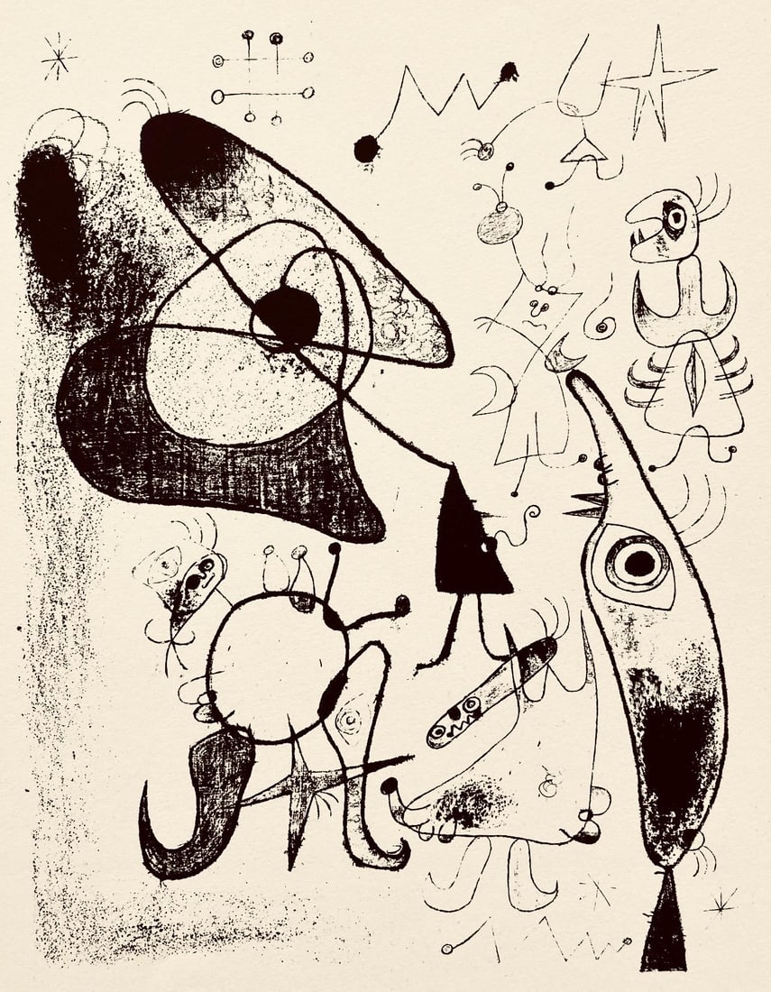 Joan Miro, Composition, The Prints of Joan Miro, Limited Edition Etching: Etching on velin paper. Inscription: Unsigned and unnumbered, as issued. Paper Size: 11 x 8.5 inches. Excellent condition. Notes: From the folio, The Prints of Joan Miro, Fall, 1947. Published by Curt