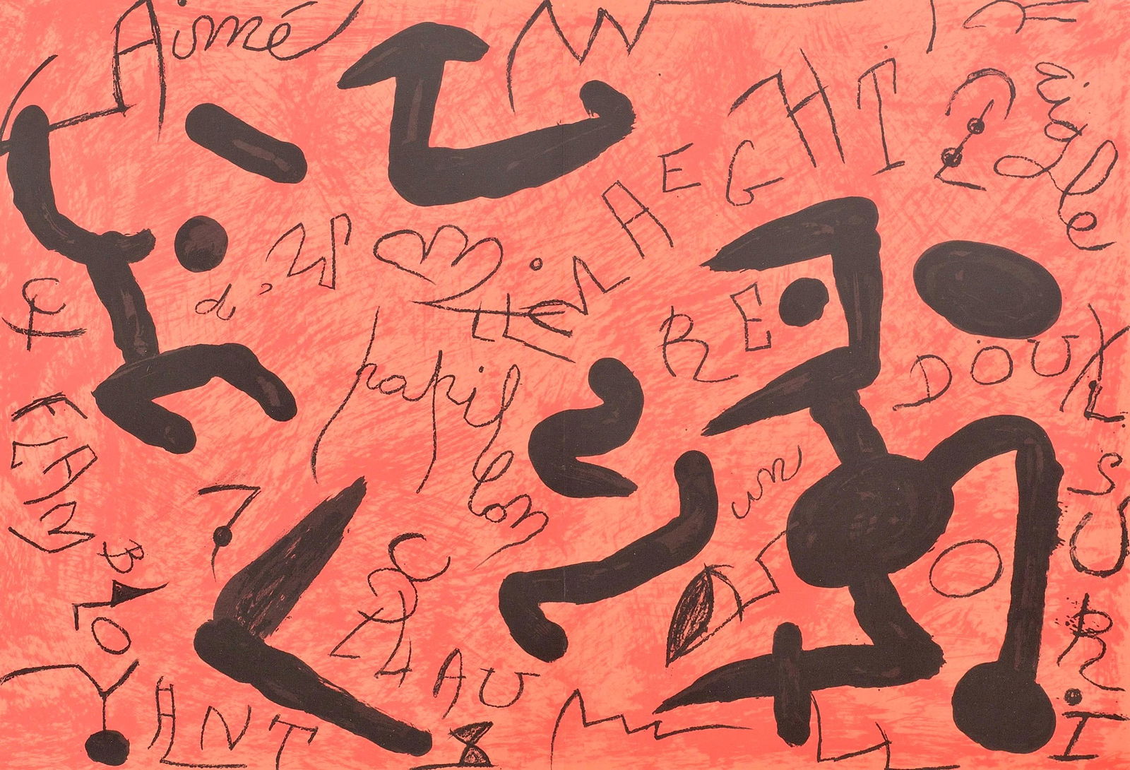 Joan Miro, Composition (Mourlot 1251), Hommage a Aime et Marguerite Maeght, Derriere le miroir,: Lithograph on velin paper. Paper Size: 15 x 22 inches, with centerfold, as issued. Inscription: Unsigned and unnumbered, as issued. Catalogue raisonne references: Cramer, Patrick. Joan Miro Lithograph