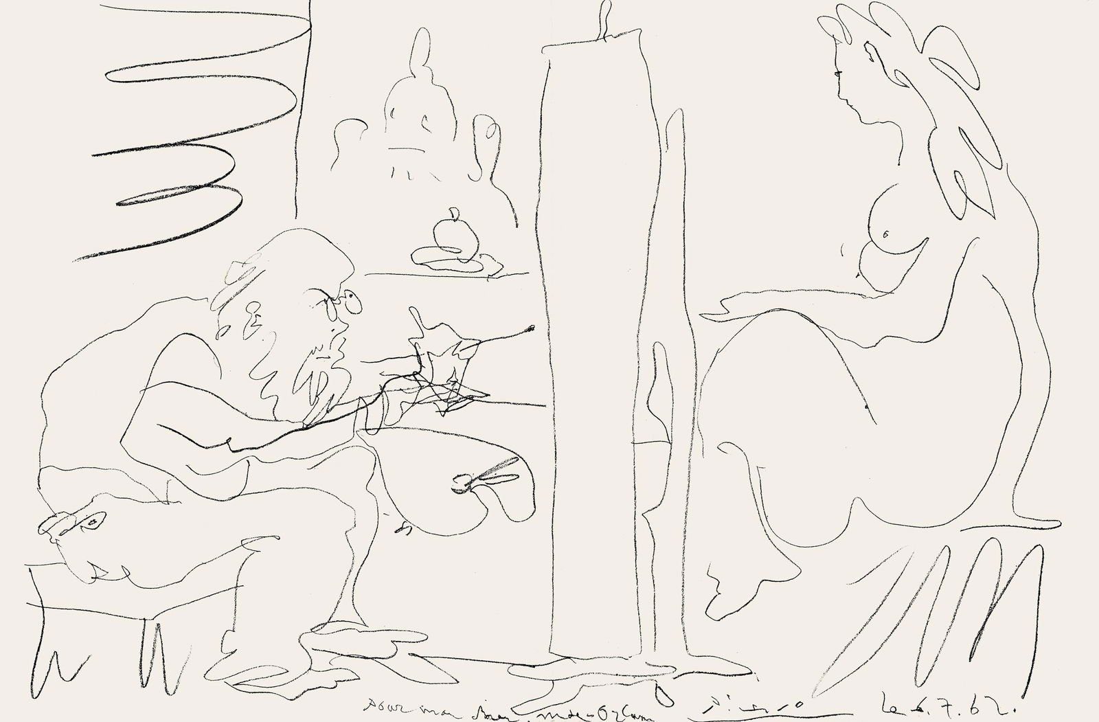 Pablo Picasso, Le Peintre et son Modele (Mourlot 355; Bloch 1036), Regards sur Paris, Limited: Lithograph on velin d'Arches paper. Paper size: 15.5 x 24 inches. Excellent condition, with centerfold, as issued. Inscription: unsigned and unnumbered, as issued. Notes: from the folio, Regards sur P