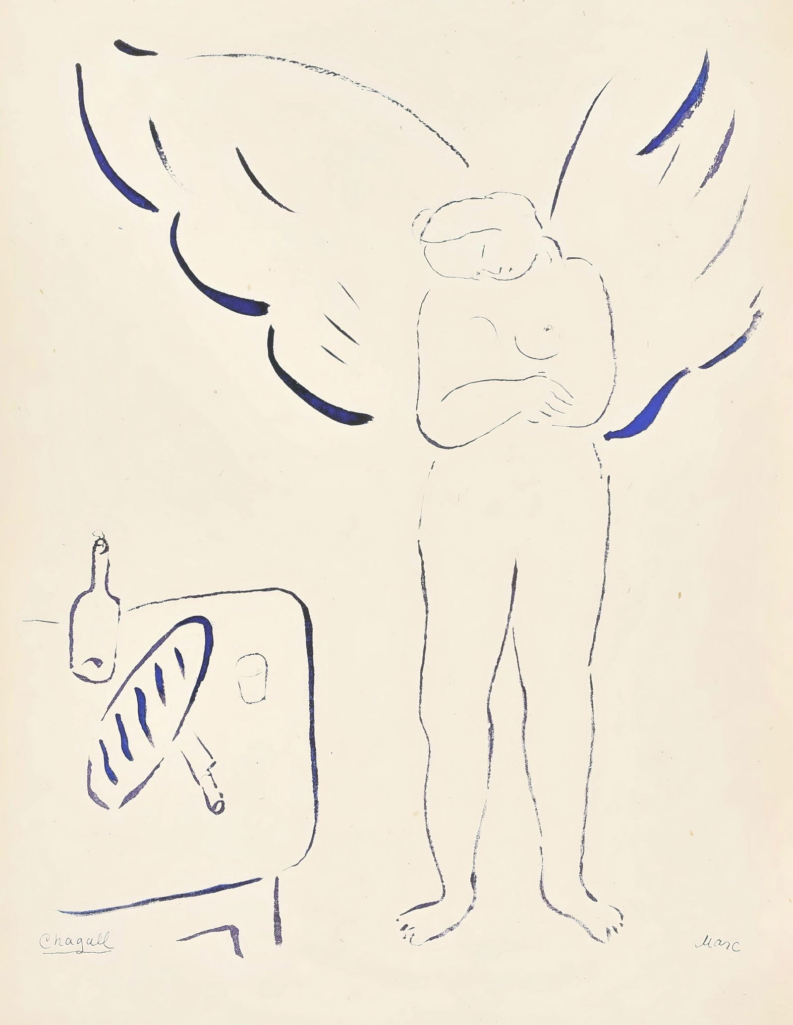 Marc Chagall, Composition, Le Dur Desir de Durer, Limited Edition Lithograph: Lithograph on velin bouffant d'Alfa paper. Paper size: 11.125 x 8.625 inches. Excellent condition. Inscription: unsigned and unnumbered, as issued. Notes: From the volume, Le Dur Desir de Durer,