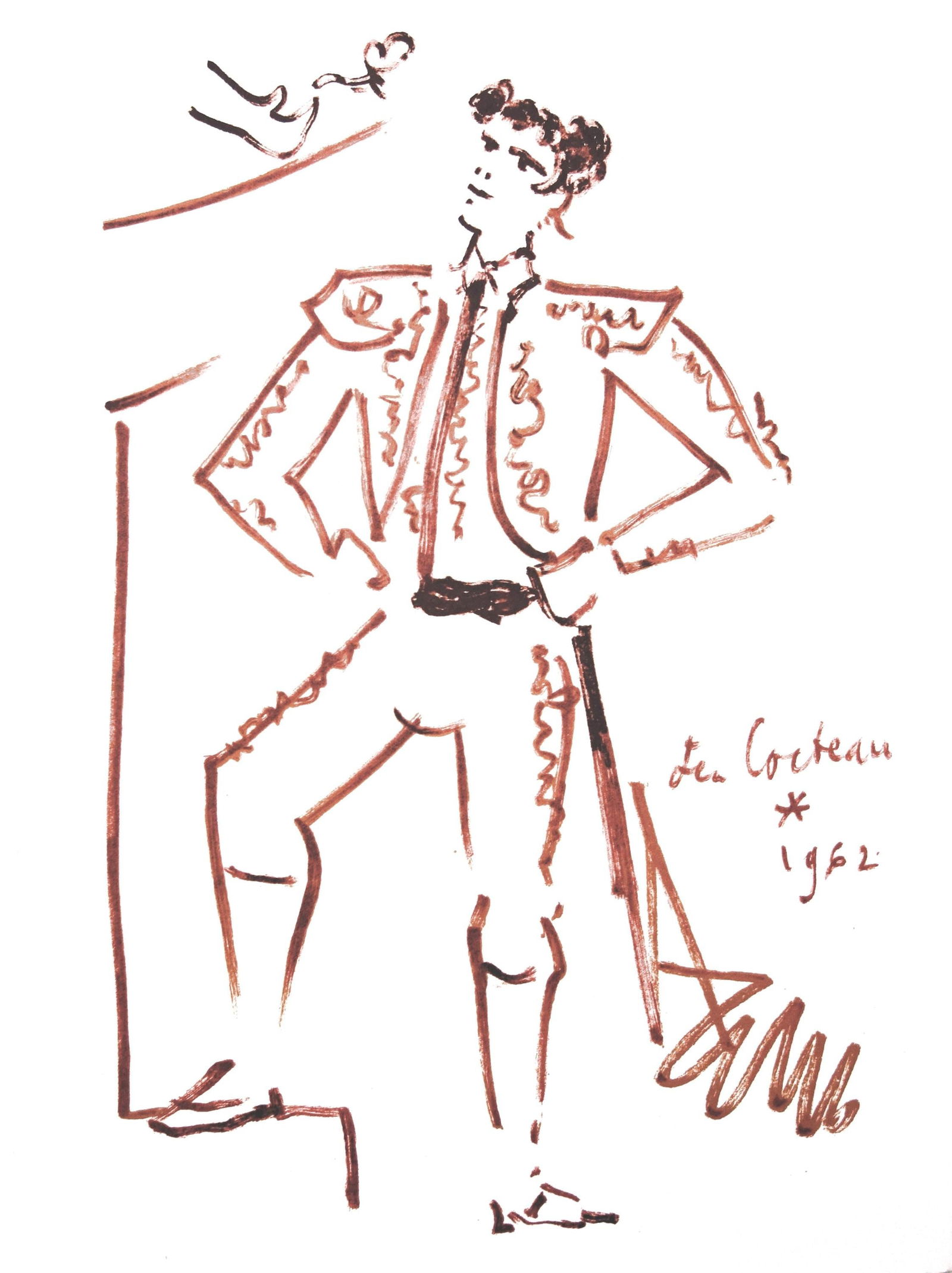 Jean Cocteau, L'œillet de la provocation, Taureaux, Lithographies de Jean Cocteau, Limited Edition: Lithograph on velin de Rives paper. Paper Size: 15 x 11 inches. Inscription: Signed in the plate and unnumbered, as issued. Condition: Very good/excellent, consistent with age. Notes: From the folio,