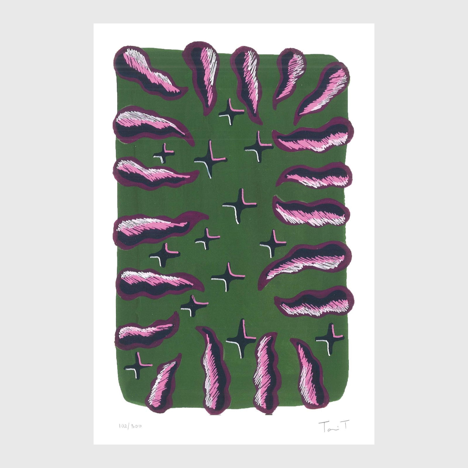 Purple Shapes with Stars: Artist: Tanvi Thakur (1996) Title: Purple Shapes with Stars, Drops With Dots Series Year: 2025 Medium: Archival Pigment Print on Paper Edition: 300 Size: 8 x 12 inches Inscription: Signed and numbered