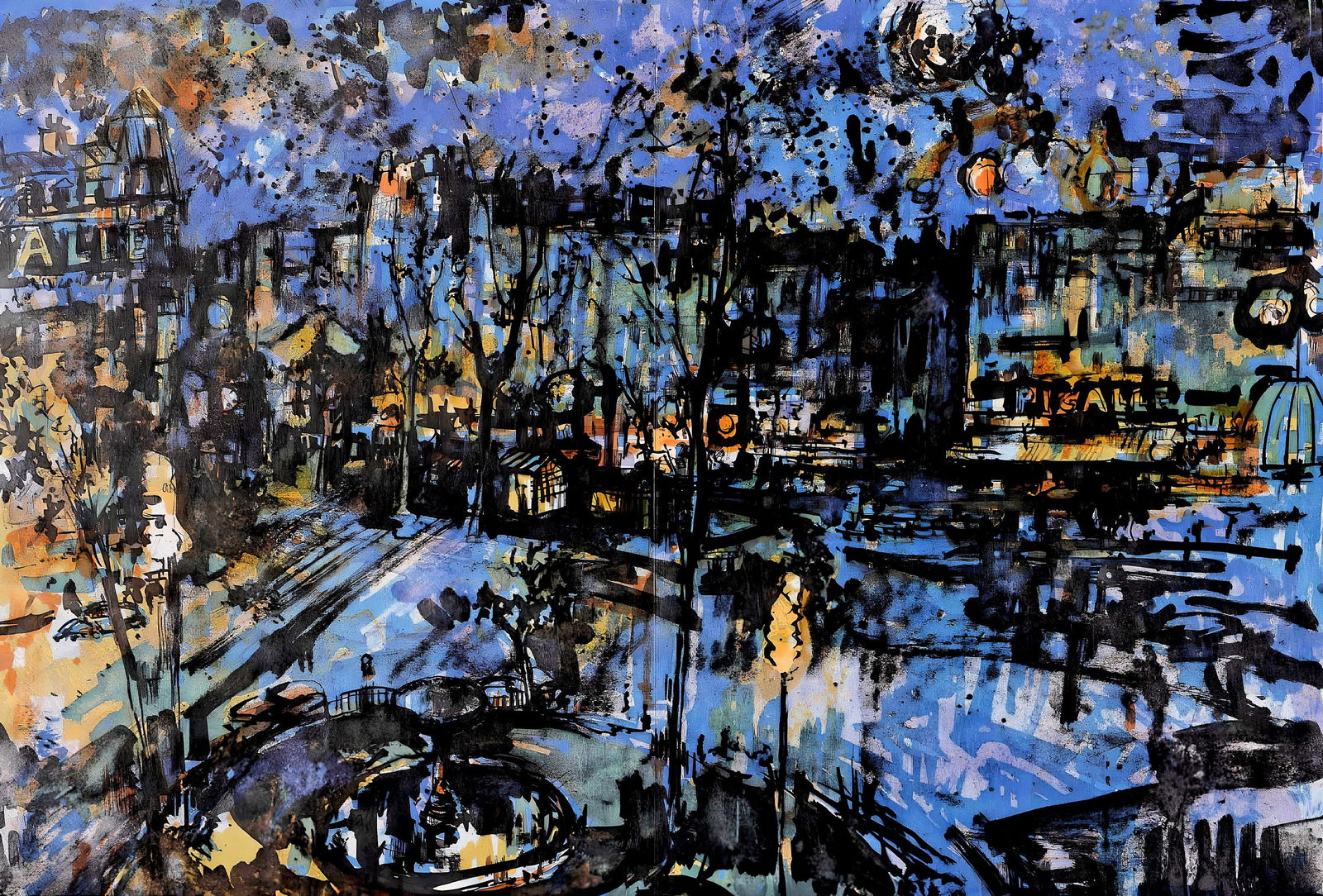 Jean Yves Commere, Place Pigalle la nuit, Panorama de Paris, Au Temps de Paris Seine, Limited: Lithograph on grand velin des Papeteries de Lana paper. Unsigned and unnumbered. Paper Size: 15 x 22 inches. Excellent condition, with centerfold, as issued. Notes: From the folio, Au Temps de Paris S