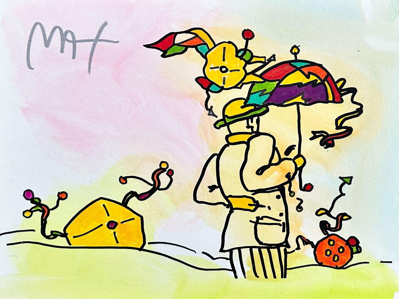 Peter Max, Umbrella Man, Hand Signed, Mixed Media Watercolor and Silkscreen Painting: Watercolor and silkscreen on Fabriano velin paper. Paper size: 9 x 12 inches. Inscription: Hand signed in ink, as issued. Condition: Excellent. Notes: Published, printed, and painted by Peter Max,