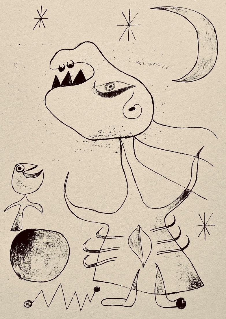 Joan Miro, Composition, The Prints of Joan Miro, Limited Edition Etching: Etching on velin paper. Inscription: Unsigned and unnumbered, as issued. Paper Size: 11 x 8.5 inches. Excellent condition. Notes: From the folio, The Prints of Joan Miro, Fall, 1947. Published by Curt
