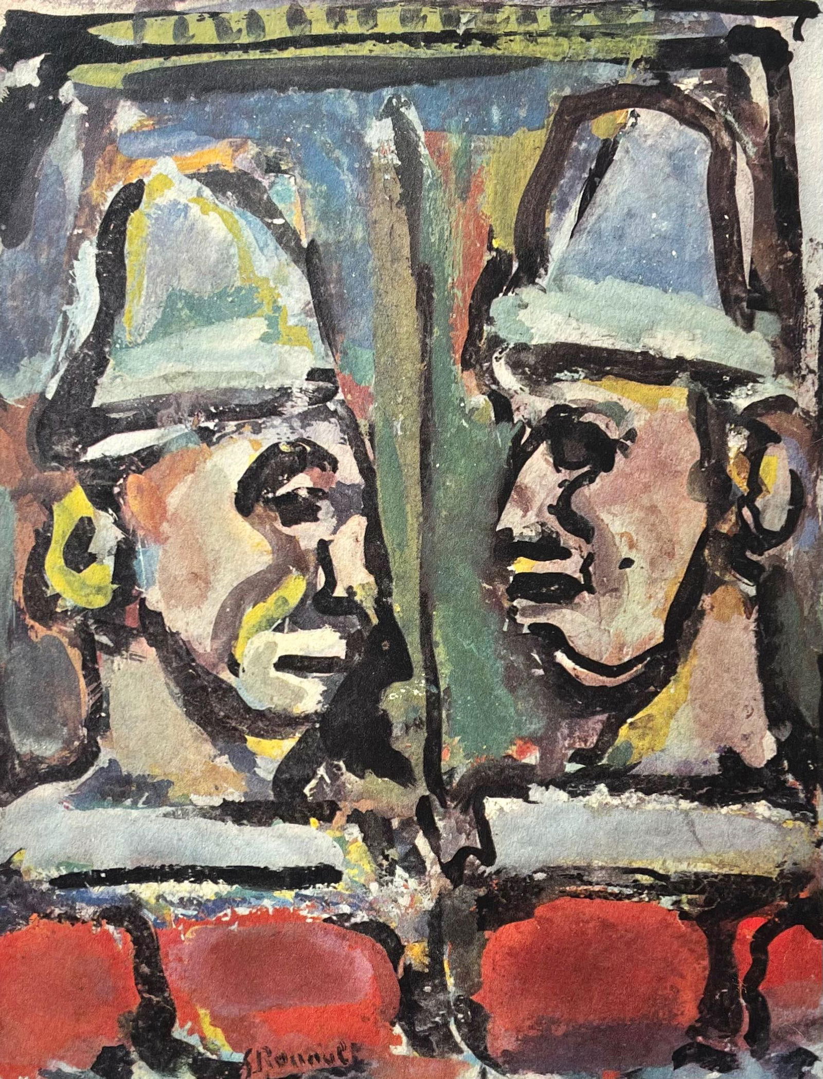 Georges Rouault, Les deux Anciens, Divertissement, Editions de la Revue Verve, Limited Edition: Lithograph on velin d'Arches paper, archivally mounted to a larger velin d'Arches support sheet, as issued. Paper Size: 16 x 12.5 inches, overall; 11 x 8 inches, image. Inscription: Signed in the plat