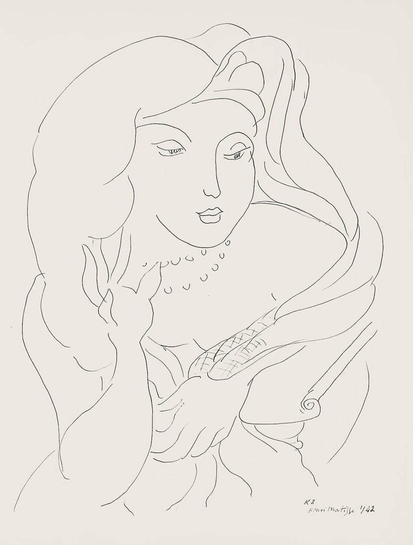 Henri Matisse, Serie K, var. 3 (Duthuit 9), Henri Matisse, Dessins, Themes et variations, Limited: Lithograph on velin pur fil paper. Paper Size: 12.875 x 9.625 inches. Excellent condition. Inscription: Signed in the plate and unnumbered, as issued. Notes: From the folio, Henri Matisse, Dessins,