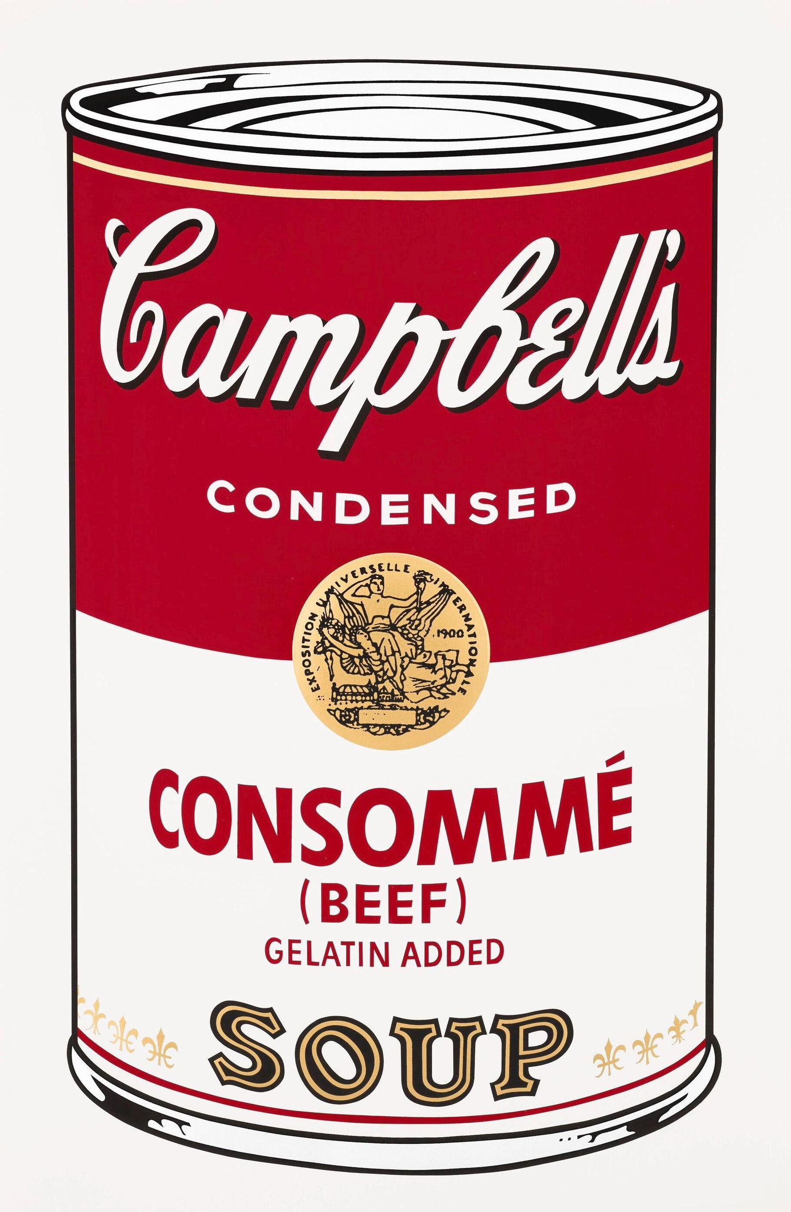 Andy Warhol, Campbell's Soup, Consomme, Official Edition, Sunday B. Morning, Silkscreen: Official edition, Andy Warhol, Sunday B. Morning, silkscreen on museum board. Paper Size: 35 x 23 inches. Excellent condition. Inscription: "published by Sunday B. Morning", and "fill in your own sign