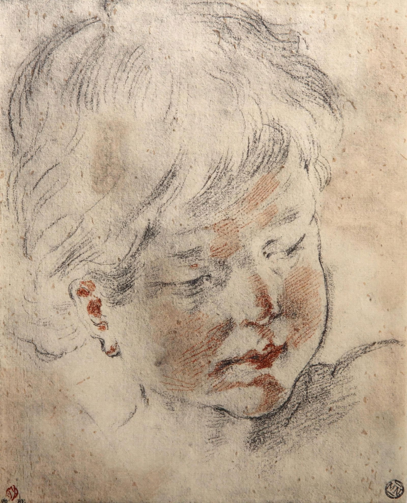 Guido Reni, Head of a child, from Faces of Children, Limited Edition Lithograph and Pochoir, 1968: This exquisite lithograph and pochoir by Guido Reni (1575-1642), titled Tete d enfant (Head of a child), originates from the 1968 folio Visages d Enfants. Quinze Dessins de Durer a Dufy Appartenant au