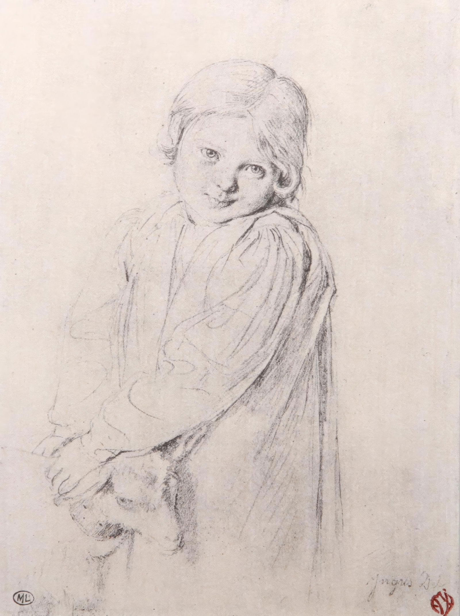 Jean Auguste Dominique Ingres, Child with goat, Limited Edition Lithograph and Pochoir, 1968: This exquisite lithograph and pochoir by Jean Auguste Dominique Ingres (1780-1867), titled L enfant a la chevre (Child with a goat), originates from the 1968 folio Visages d Enfants. Quinze Dessins de