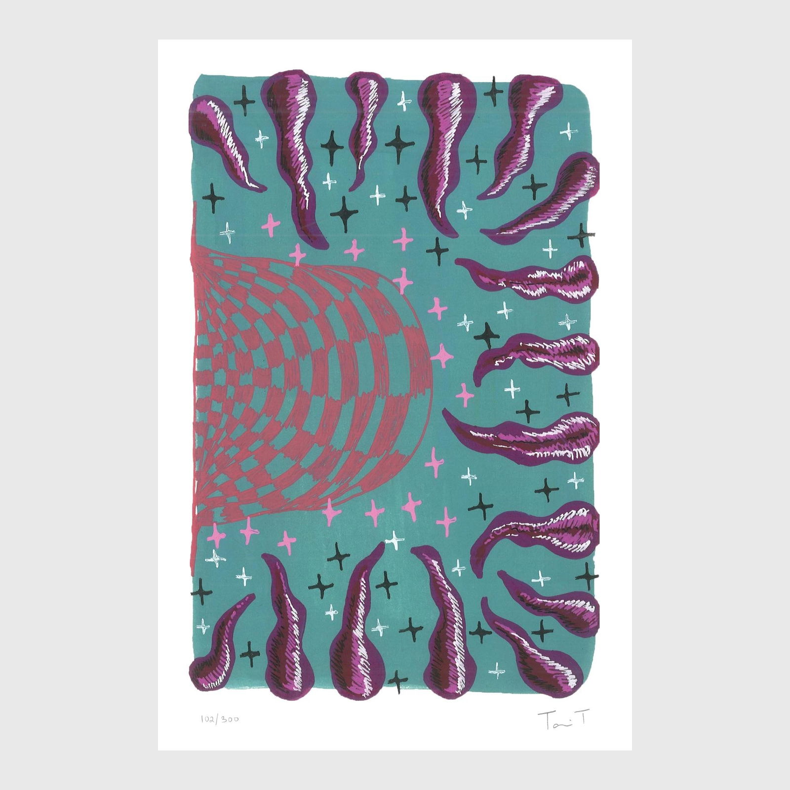 Purple Drops with Stars: Artist: Tanvi Thakur (1996) Title: Purple Drops with Stars, Drops With Dots Series Year: 2025 Medium: Archival Pigment Print on Paper Edition: 300 Size: 8 x 12 inches Inscription: Signed and numbered