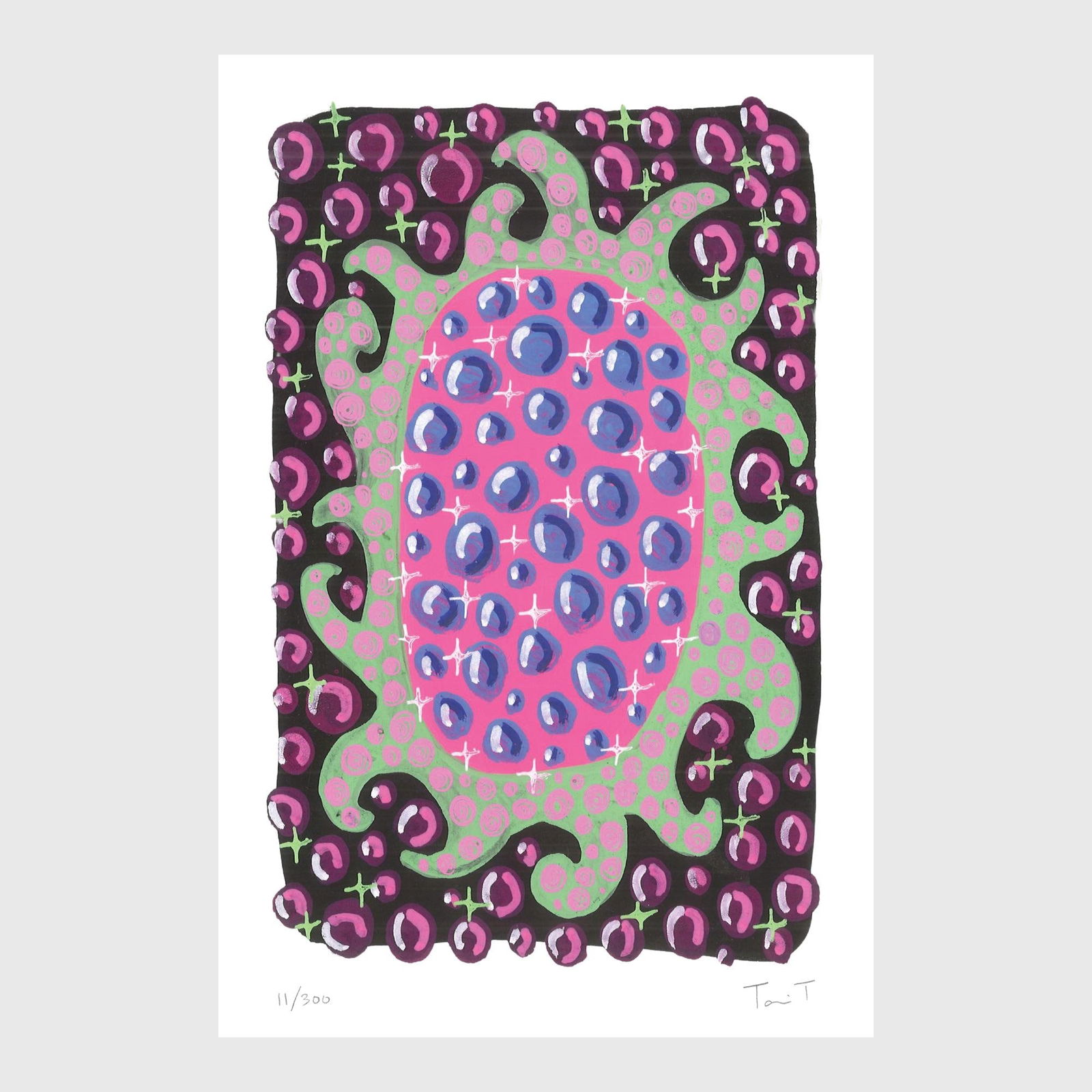 Green Drops with Blue Dots: Artist: Tanvi Thakur (1996) Title: Lilac Drops with Magenta Dots, Drops With Dots Series Year: 2025 Medium: Archival Pigment Print on Paper Edition: 300 Size: 8 x 12 inches Inscription: Signed and num