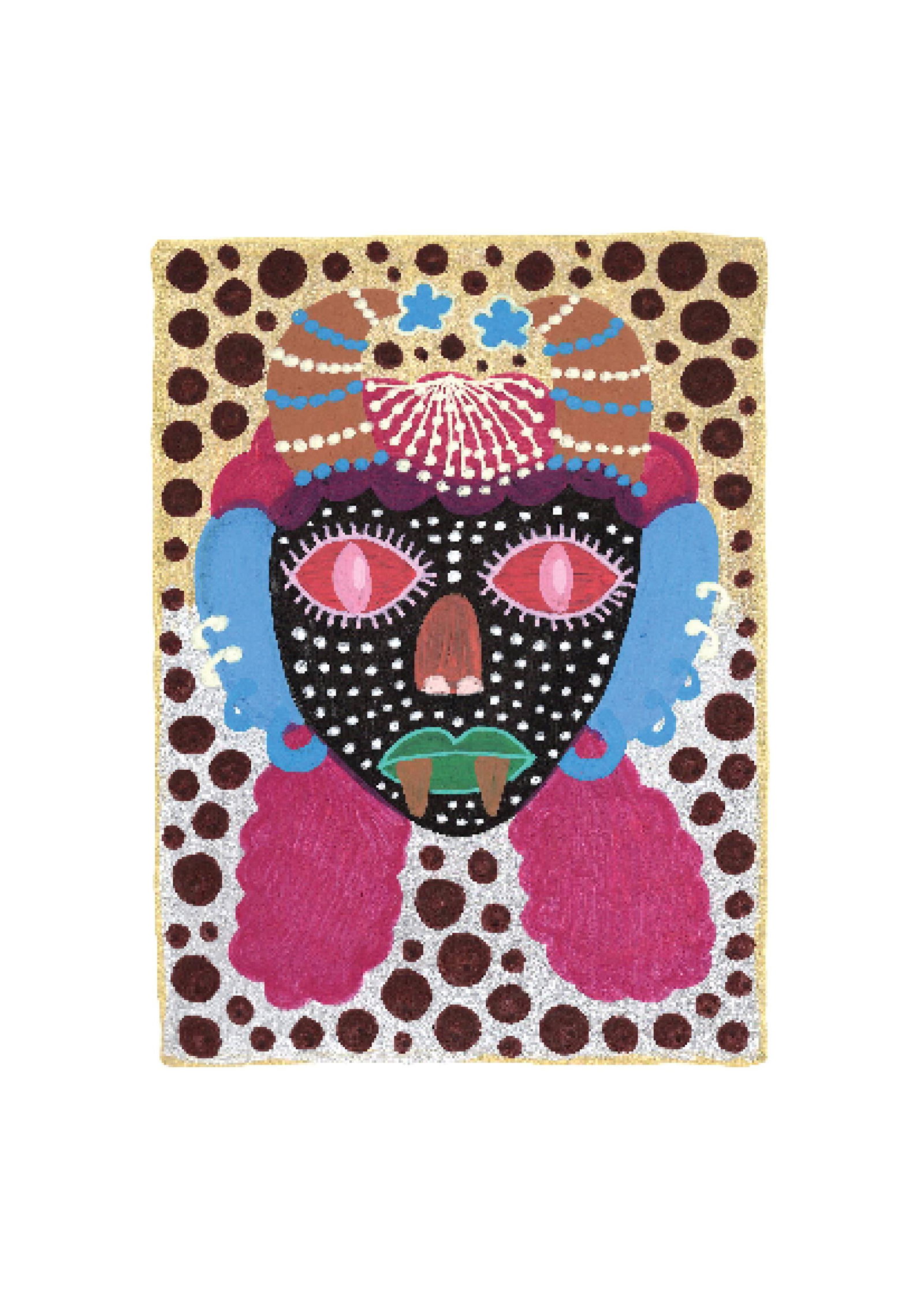 Evil Eye Mask 29: Inspired by the South Indian Drishti Bommai mask; a protective talisman traditionally represented as a doll; this artwork draws from a visual language widely seen across South India. These figures are