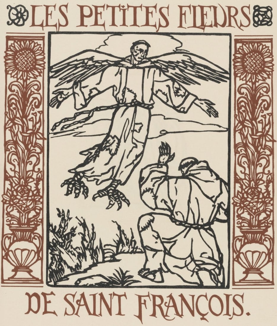 Emile Bernard, Composition (Morane, No. 100), Les Petites Fleurs de St. Francoise, Limited Edition: Wood engraving on verge d'Arches paper. Paper size: 12.8125 x 9.8125 inches. Excellent condition. Unsigned and unnumbered, as issued. Notes: From the volume, Les Petites Fleurs de St. Francois, 1928.