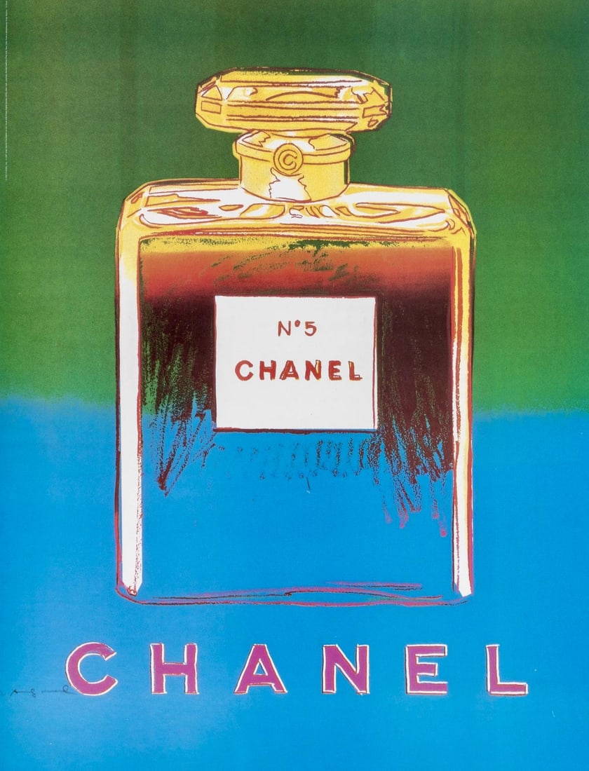 Andy Warhol, Chanel No. 5, Official Edition Chanel Ltd. Advertising Campaign Lithograph, 1997: Offset lithograph on velin paper, conservation mounted on linen canvas, as issued. Paper Size: 29 x 22 inches. Excellent condition. Inscription: Signed in the plate and unnumbered, as issued. Notes: P