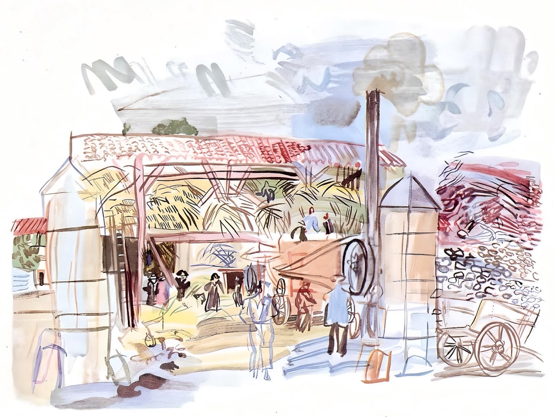 Raoul Dufy, A la batteuse, Vacances forcees: Lithograph on papier bouffant des Papeteries de Casteljoux paper. Paper Size: 12 x 9.25 inches. Excellent condition. Unsigned and unnumbered, as issued. Notes: From the folio, Vacances forcees 1970. P