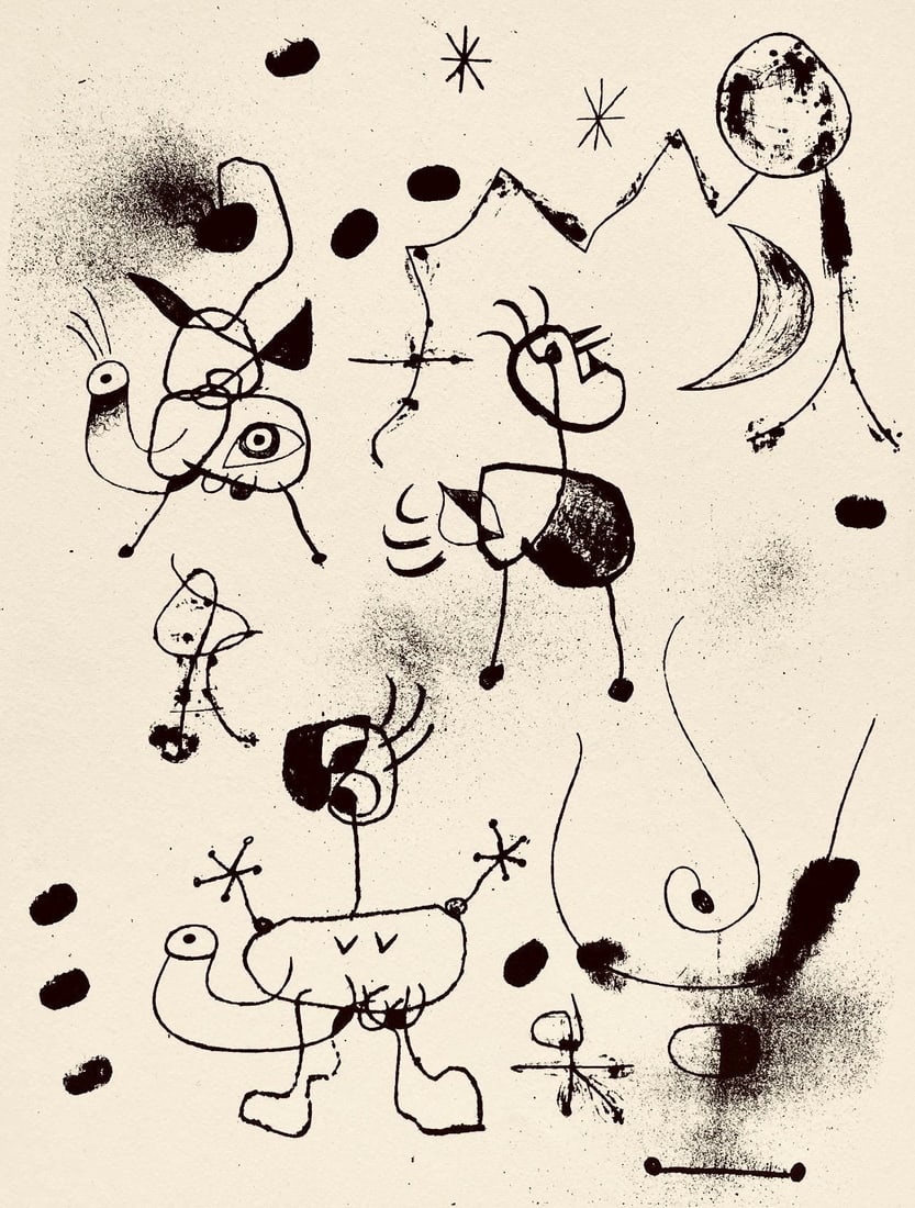 Joan Miro, Composition, The Prints of Joan Miro, Limited Edition Etching: Etching on velin paper. Inscription: Unsigned and unnumbered, as issued. Paper Size: 11 x 8.5 inches. Excellent condition. Notes: From the folio, The Prints of Joan Miro, Fall, 1947. Published by Curt