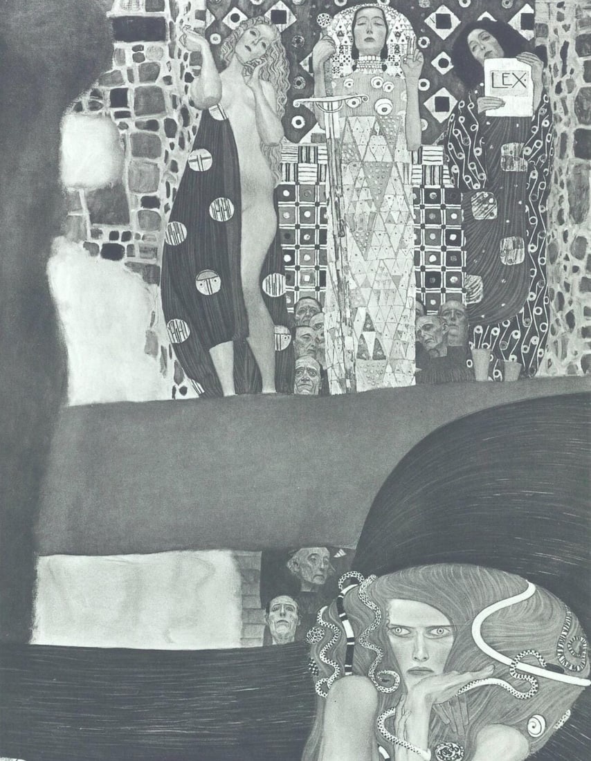 Gustav Klimt, Die Jurisprudenz, from Eine Nachlese, Limited Edition Heliogravure and Collotype, 1931: Heliogravure and collotype on velin paper. Paper size: 18.86 x 17.91 inches, overall; 11.73 x 9.02 inches, image size. Inscription: Signed in the plate, and unnumbered, as issued. Condition: Very good