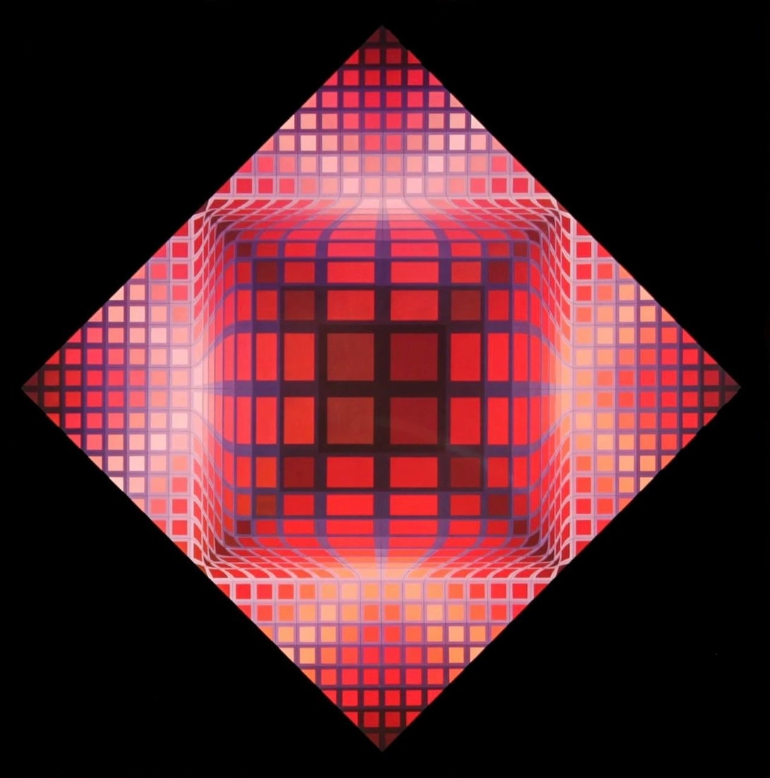 Victor Vasarely, Composition, Damier, Limited Edition Heliogravure: Heliogravure on 280 gm M2 gloss paper. Paper Size: 11 x 11 inches. Excellent condition. Notes: From the folio, Damier, 1973. Published and printed by Editions du Griffon, Neuchatel, Switzerland, 1973.