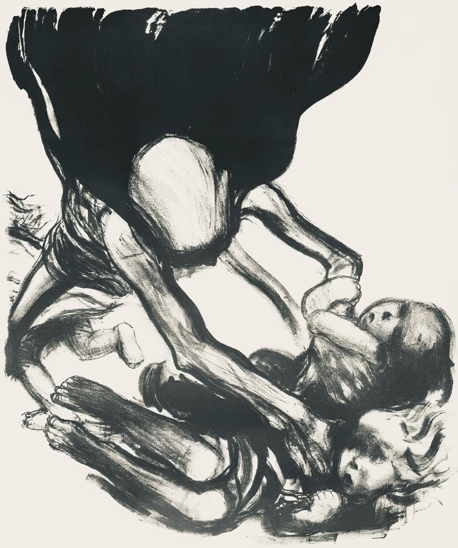 Kathe Kollwitz, Death Grabbing at a Group of Children (Tod greift in eine Kinderschar), Limited: Lithograph on velin paper. Paper size: 19 x 16 inches. Excellent condition, with centerfold, as issued. Unsigned and unnumbered, as issued. Notes: From the folio, Kathe Kollwitz, Ten Lithographs,