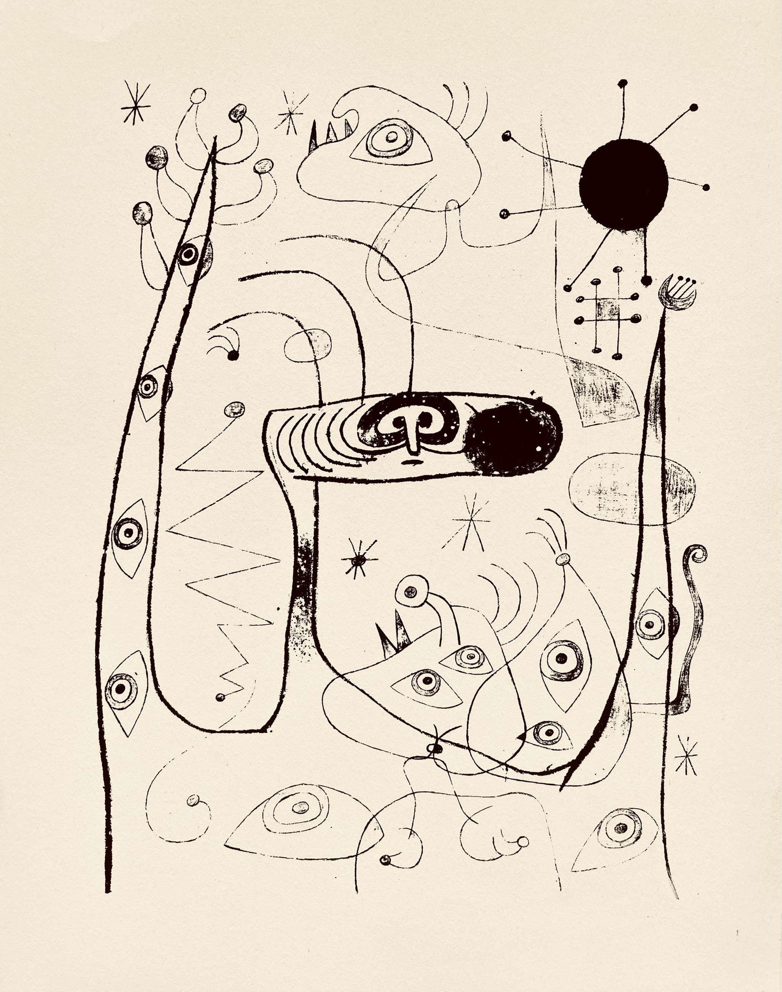 Joan Miro, Composition, The Prints of Joan Miro, Limited Edition Etching: Etching on velin paper. Inscription: Unsigned and unnumbered, as issued. Paper Size: 11 x 8.5 inches. Excellent condition. Notes: From the folio, The Prints of Joan Miro, Fall, 1947. Published by Curt