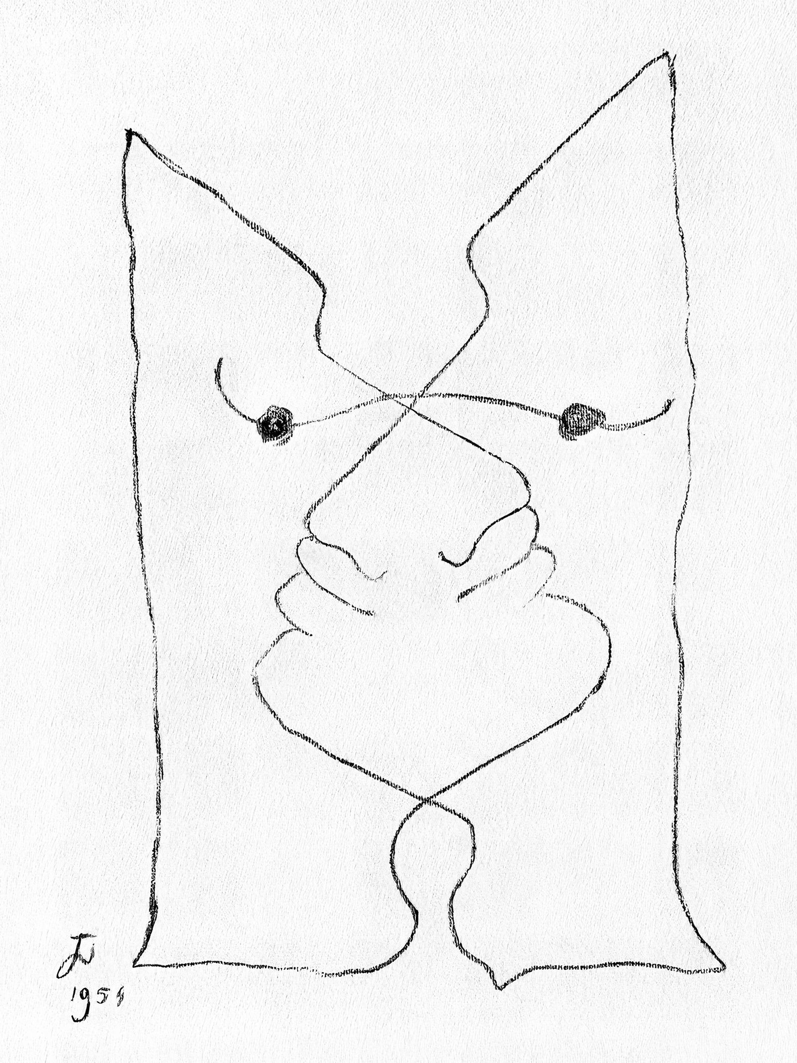 Jean Cocteau, Untitled, from Under the Coat of Fire, Limited Edition Lithograph, 1955: This exquisite lithograph by Jean Cocteau (1889-1963), titled Sans titre (Untitled), originates from the 1955 album Sous le manteau de feu, Poems, douze lithographies originales de Jean Cocteau de l'A