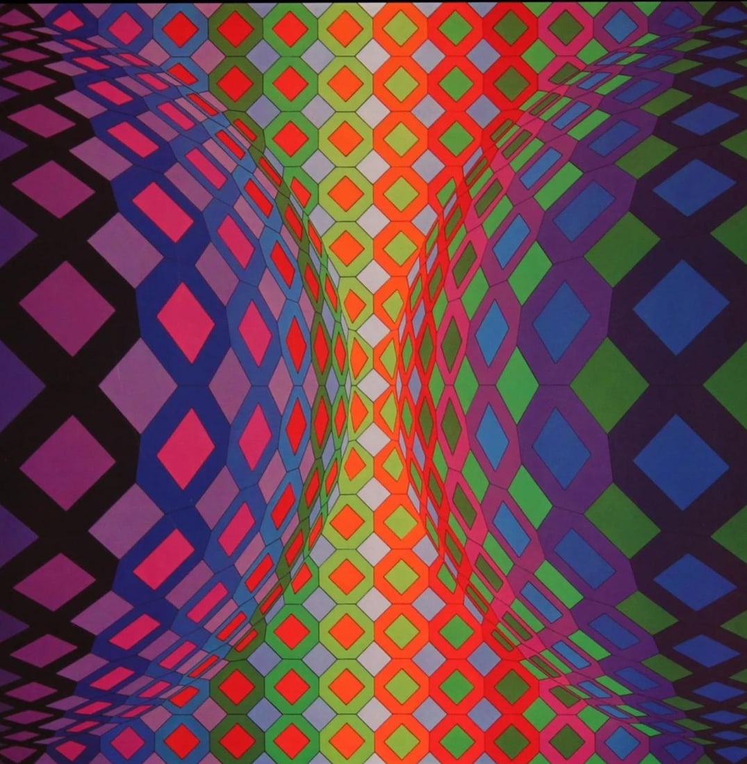 Victor Vasarely, Composition, Octogone, Limited Edition Heliogravure: Heliogravure on 280 gm M2 gloss paper. Paper Size: 11 x 11 inches. Excellent condition. Notes: From the folio, Octogone, 1973. Published and printed by Editions du Griffon, Neuchatel, Switzerland, 197