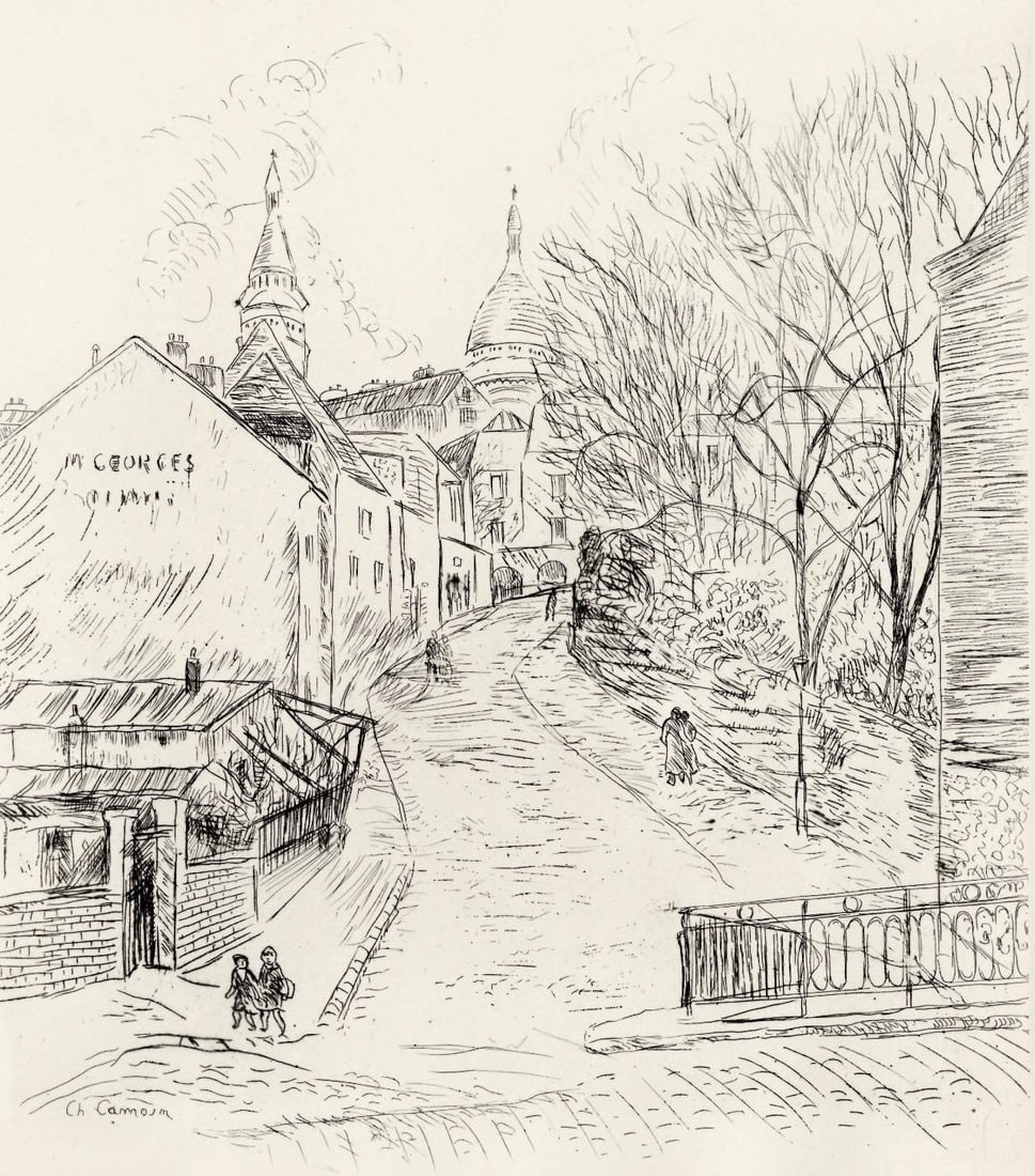Charles Camoin, Montmartre, A La gloire a Paris, Limited Edition Etching: Etching on velin Canson et Montgolfier paper. Unsigned and unnumbered. Paper Size: 13.5 x 10.5 inches. Excellent condition. Notes: From the folio, A La gloire a Paris, 1937. Published by L'Imprimerie