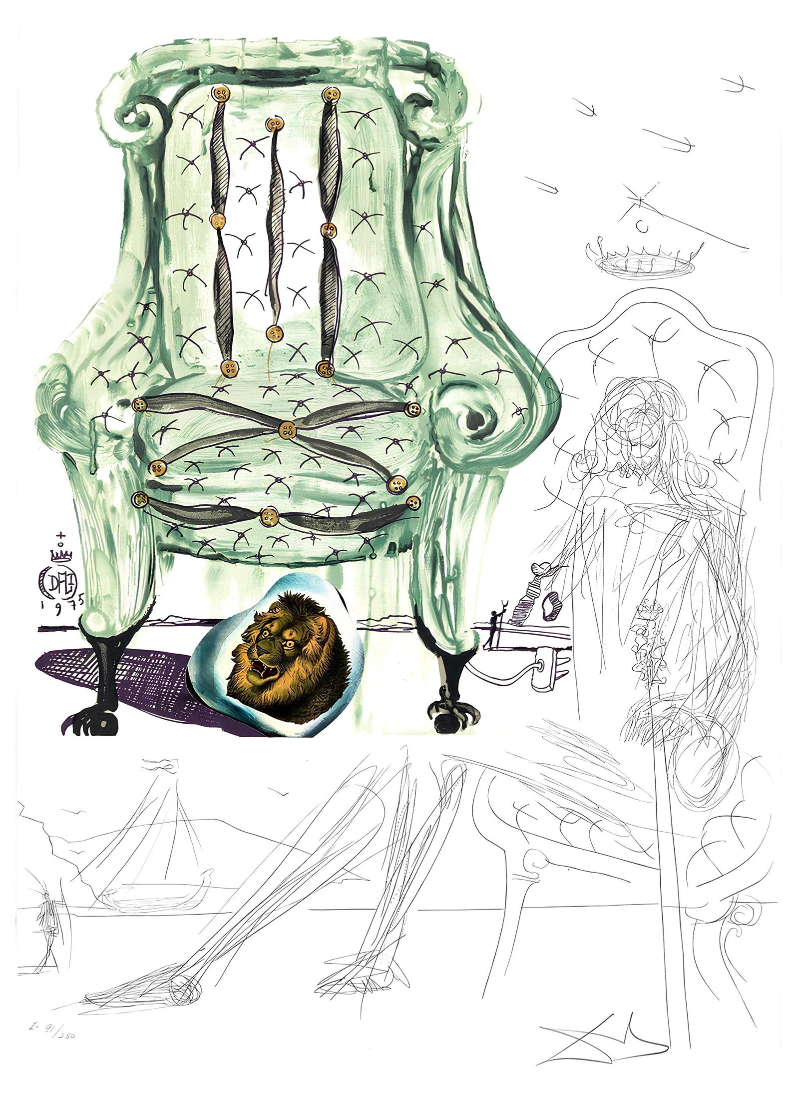 Salvador Dali, Fauteuil a respirer pneumatique (M/L 822-831; Field 75-13), Imaginations et Objets du: Lithograph, silkscreen, drypoint, and collage on velin de Rives BFK paper. Paper Size: 28.5 x 21 inches. Inscription: hand signed and numbered, as issued. Catalogue raisonne references: Dali, Salvador