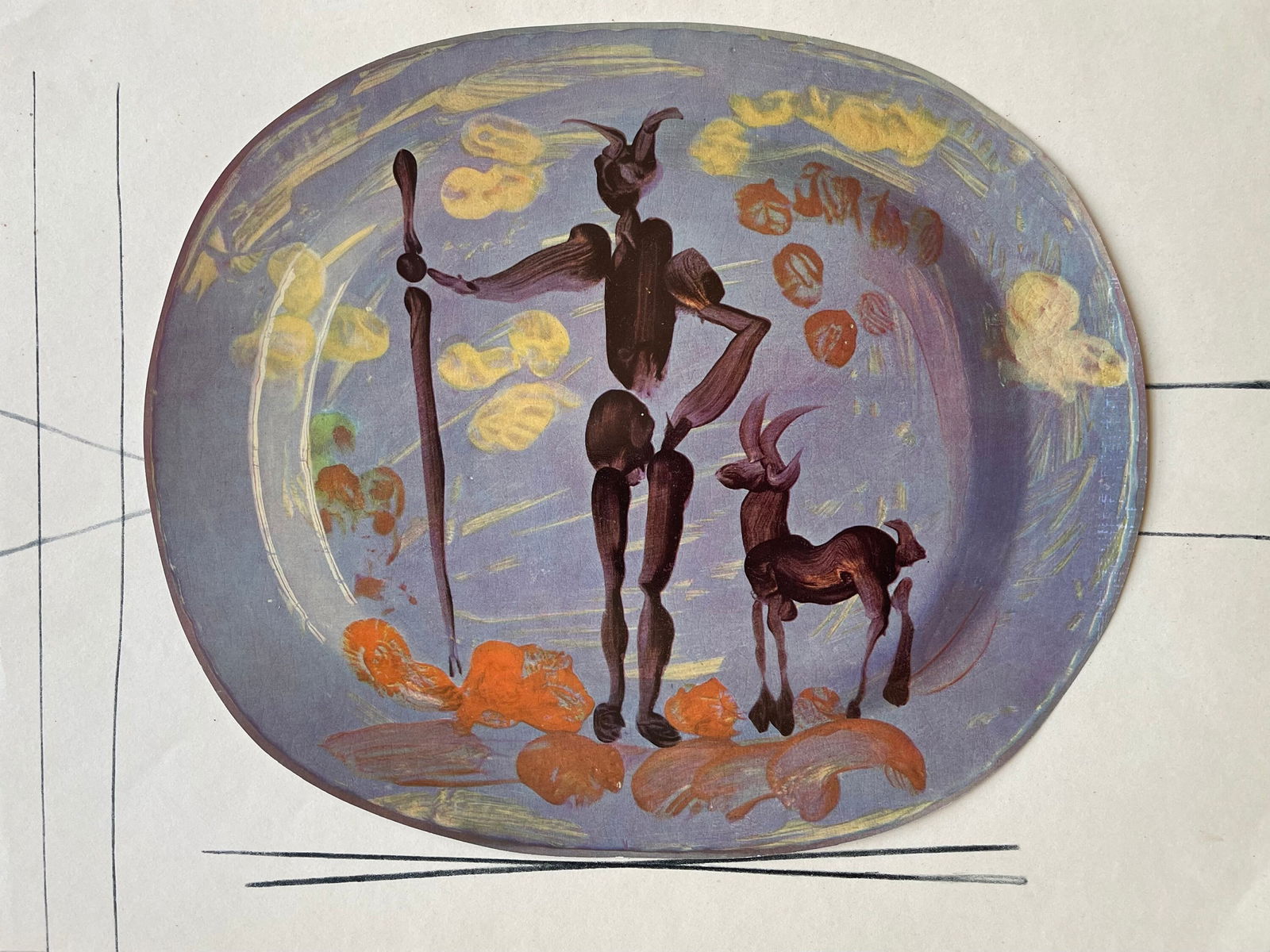 Pablo Picasso, etude pour la ceramique, Ceramiques de Picasso (Orozco 105), Limited Edition: Collotype and lithograph on velin gloss finish paper (to resemble the finish of ceramic), archivally hinged on velin paper. Unsigned and unnumbered, as issued. Paper Size: 11.25 x 15 inches. Excellent