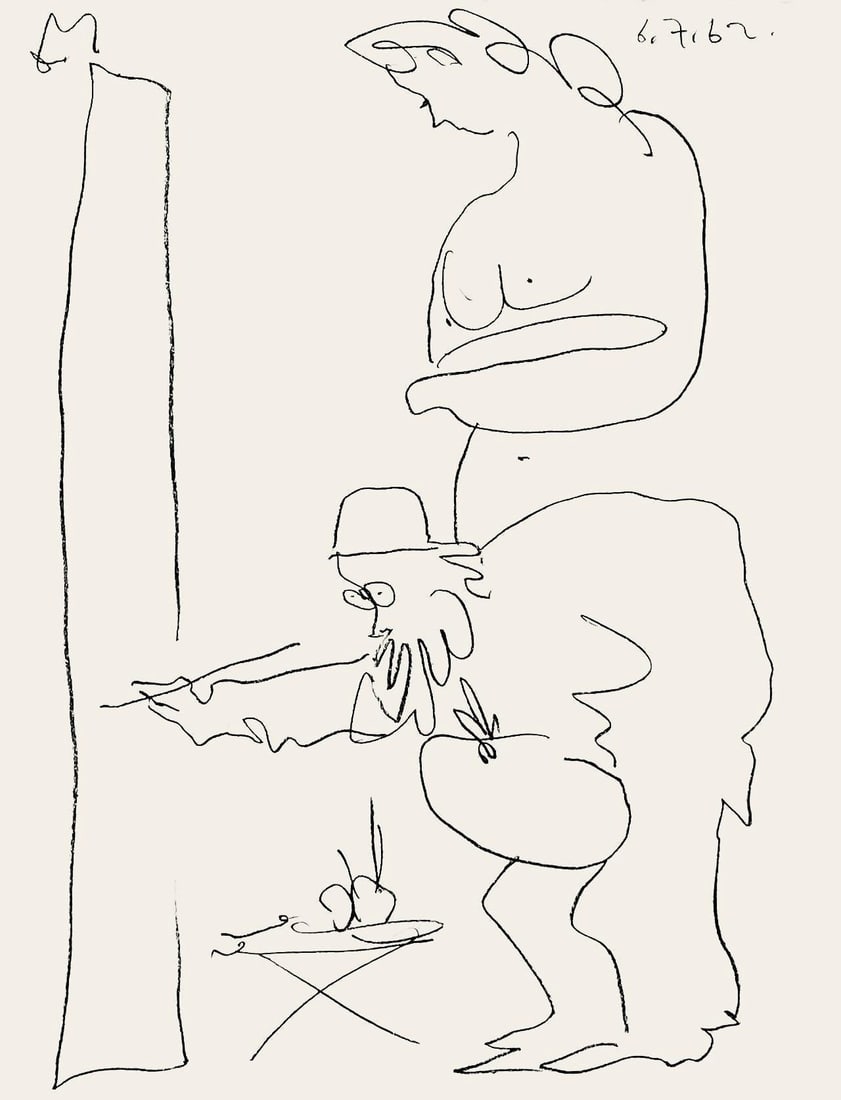 Pablo Picasso, Le Peintre et son Modele (Mourlot 354; Bloch 1035), Regards sur Paris, Limited: Lithograph on velin d'Arches paper. Paper size: 15.5 x 12 inches. Excellent condition. Inscription: unsigned and unnumbered, as issued. Notes: from the folio, Regards sur Paris, 1962. Published by And