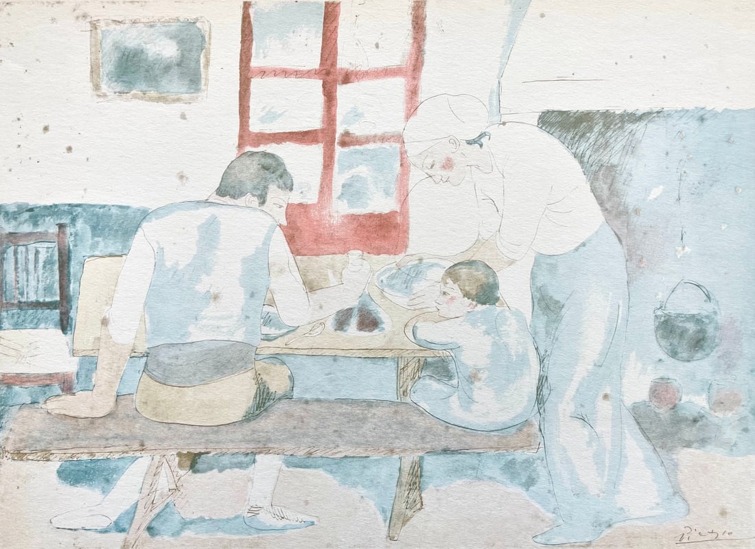 Pablo Picasso, Family at Supper (Orozco 95), Picasso: Fifteen Drawings, Limited Edition Lithograph: Lithograph and stencil on velin paper. Unsigned and unnumbered, as issued. Paper Size: 18.75 x 12.625 inches. Excellent condition. Notes: From the folio, Picasso: Fifteen Drawings, 1946. Published by