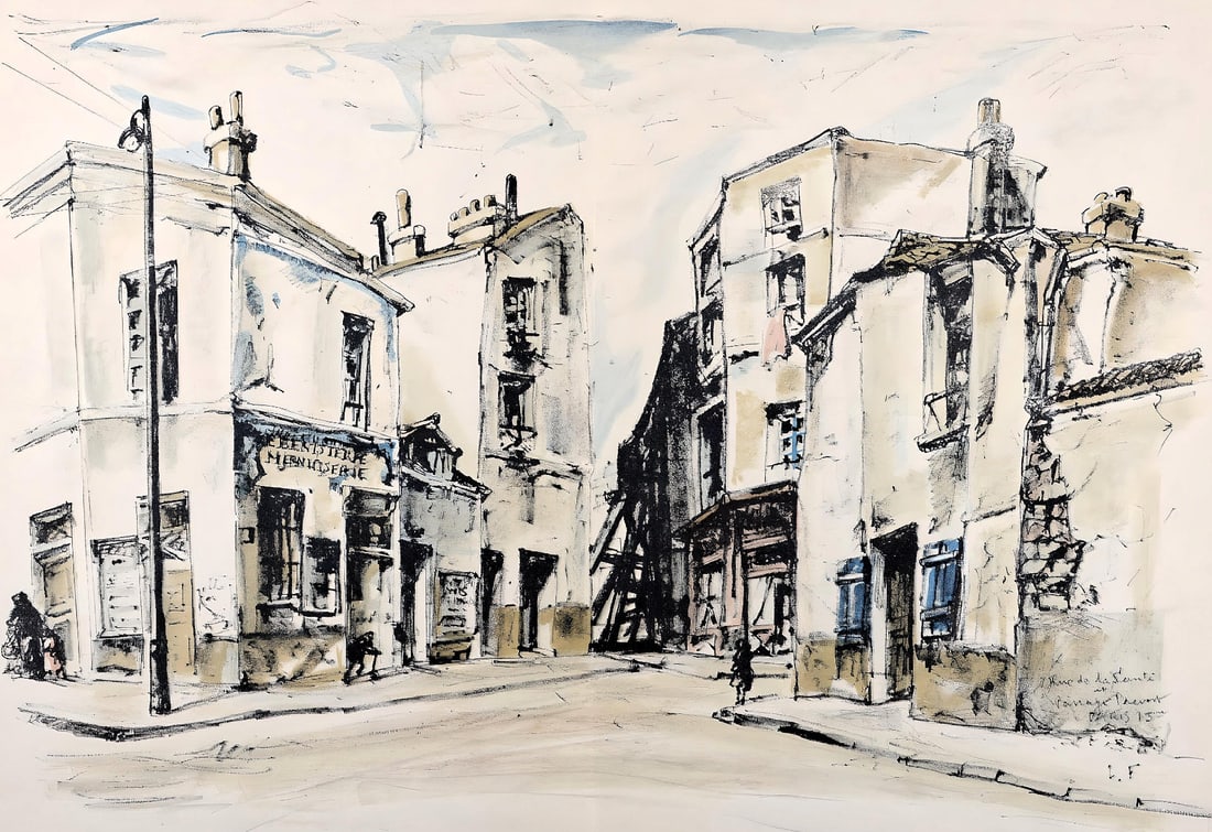 Leonard Tsugouharu Foujita (?? ??), Rue de la Sante, Au Temps de Paris Seine, Limited: Lithograph on grand velin des Papeteries de Lana paper. Unsigned and unnumbered. Paper Size: 15 x 22 inches. Excellent condition, with centerfold, as issued. Notes: From the folio, Au Temps de Paris S