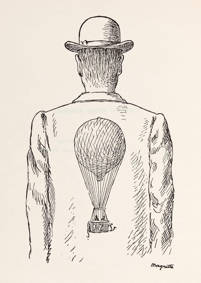 Rene Magritte, Composition, Dix dessins de Rene Magritte, Limited Edition Lithograph: Offset Lithograph on velin du Marais paper. Paper Size: 11 x 8.25 inches. Inscription: Unsigned and unnumbered, as issued. Notes: From the volume, Poemes 1923-1958. Dix dessins de Rene Magritte, 1959.