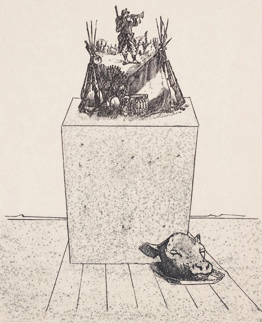 Max Ernst, Composition (Spies/Leppien 218), La Ballade du Soldat, Limited Edition Lithograph: Lithograph on velin d'Arches paper. Paper size: 21.875 x 15 inches. Excellent condition. Unsigned and unnumbered, as issued. Notes: From the folio, La Ballade du Soldat, 34 Lithographies Originales de