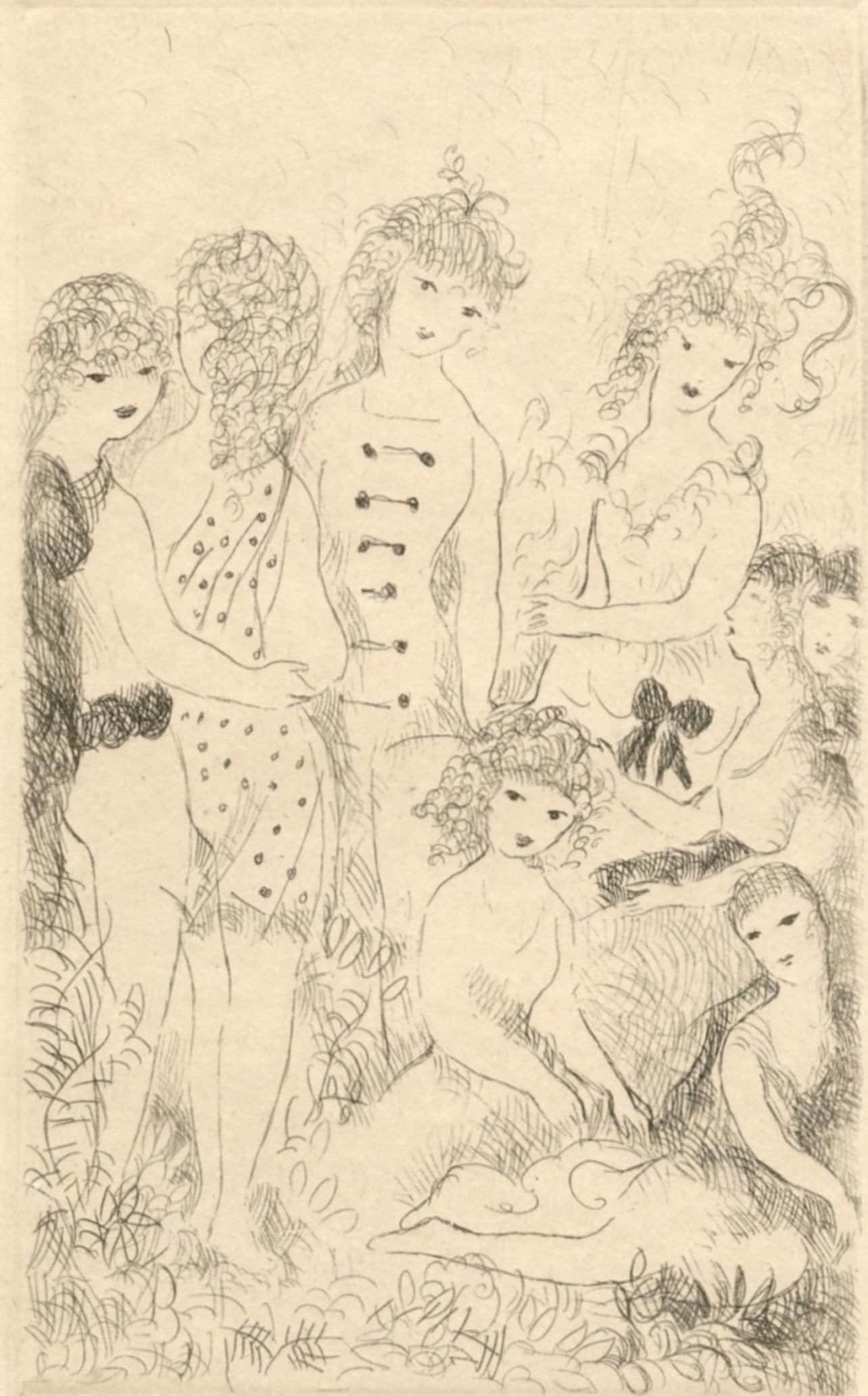 Marie Laurencin, La Ronde, Dix filles dans un pre, Limited Edition Etching: Etching on velin d'Annonay, des freres Montgolfier paper. Signed in the plate and unnumbered, as issued. Paper size: 7.5 x 5.5 inches. Excellent condition. Notes: From the volume, Dix filles dans un