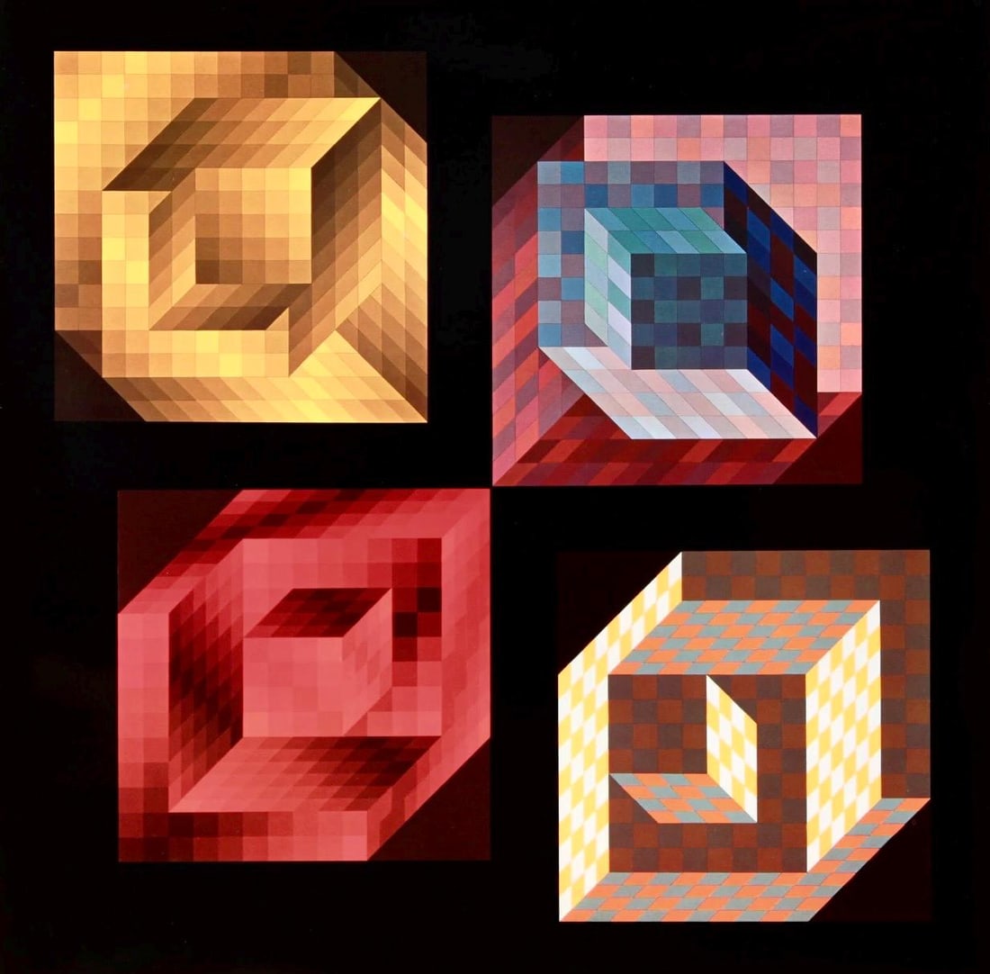 Victor Vasarely, Composition, Hommage a Hexagone, Limited Edition Heliogravure: Heliogravure on 280 gm M2 gloss paper. Paper Size: 11 x 11 inches. Excellent condition. Notes: From the folio, Hommage a Hexagone, 1976. Published and printed by Editions du Griffon, Neuchatel, Switze