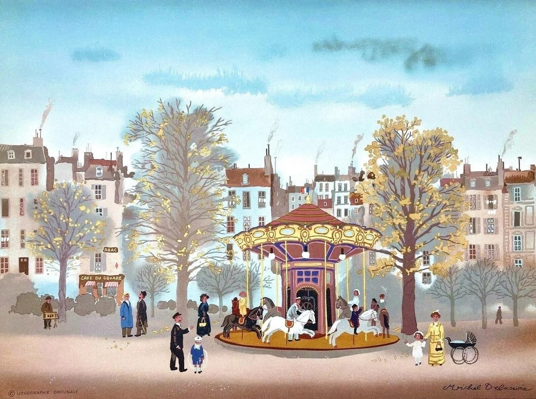 Michel Delacroix, Carousel, Limited Edition Lithograph: Lithograph on velin d'Arches paper. Paper size: 12.5 x 17.25 inches. Excellent condition. Inscription: Signed in the plate and unnumbered, as issued. Notes: From Published and printed by Touchstone Pu
