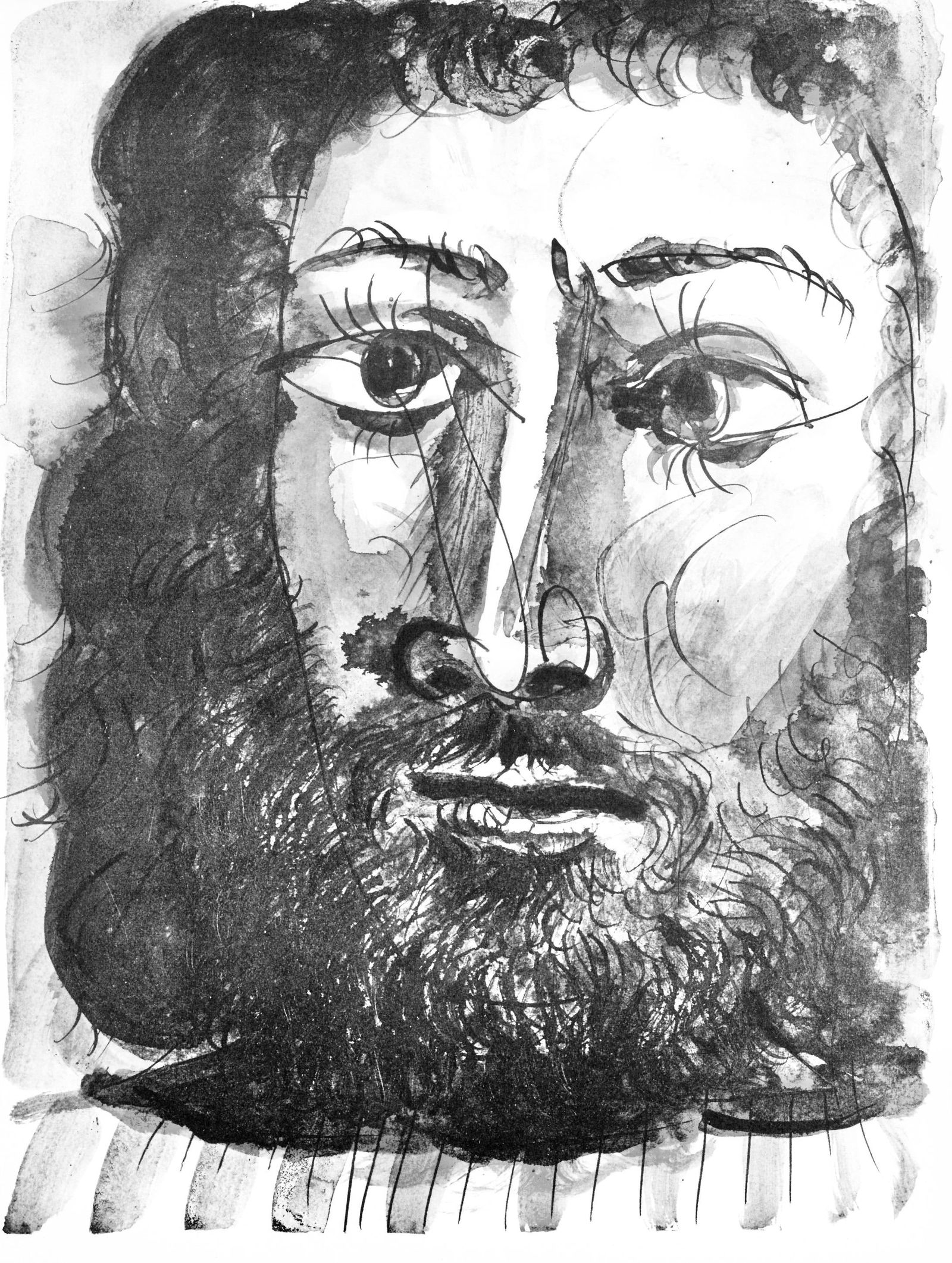 Pablo Picasso, Visage d'homme barbu a epaisse chevelure, trait et lavis (Cramer 84; Johnson/Stein (1 of 4)